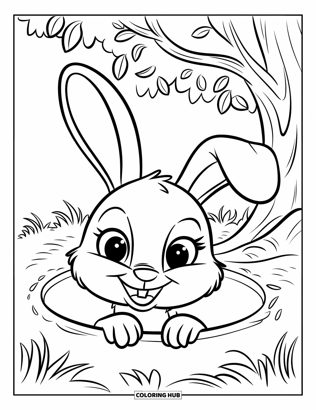 Kolorowanka z Królikiem dla Dzieci: Króliczek z czerwoną muszką z ciekawością wygląda z nory pod błękitnym niebem