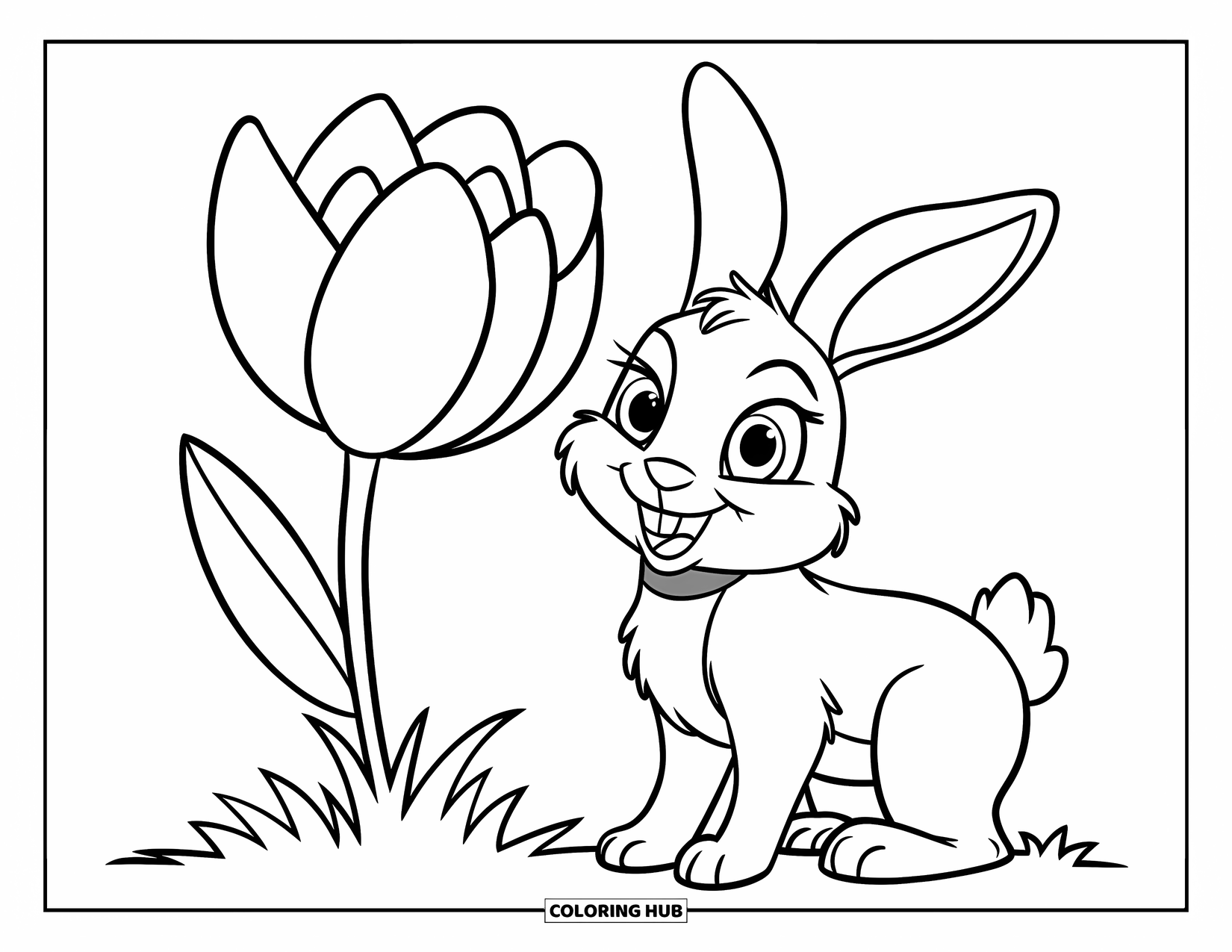 Kolorowanka z Królikiem dla Dzieci: Króliczek z czerwoną obrożą stoi obok wysokiego kwiatu na zielonej łące