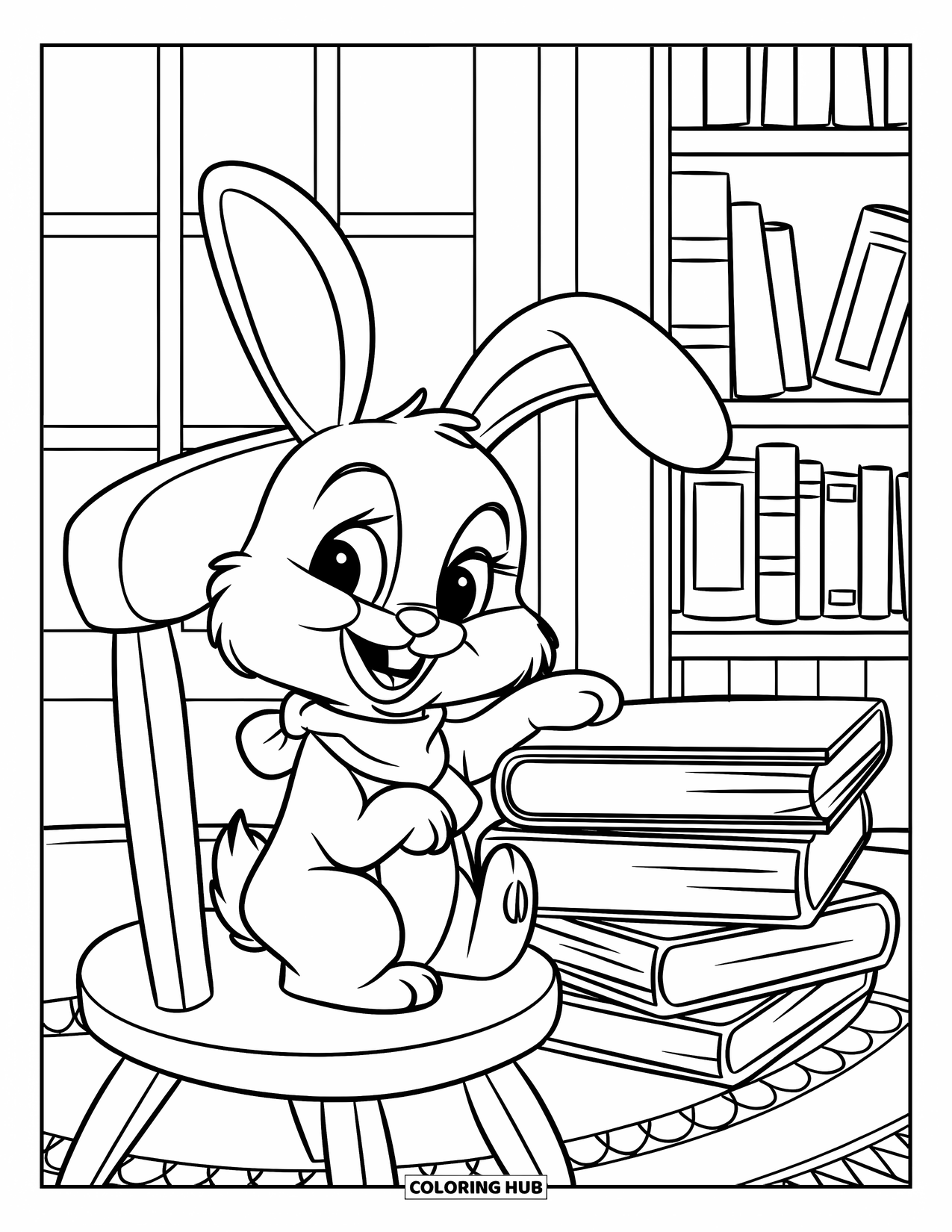 Kolorowanka z Królikiem dla Dzieci: Króliczek z szalikiem siedzi na drewnianym krześle obok wysokiego stosu książek