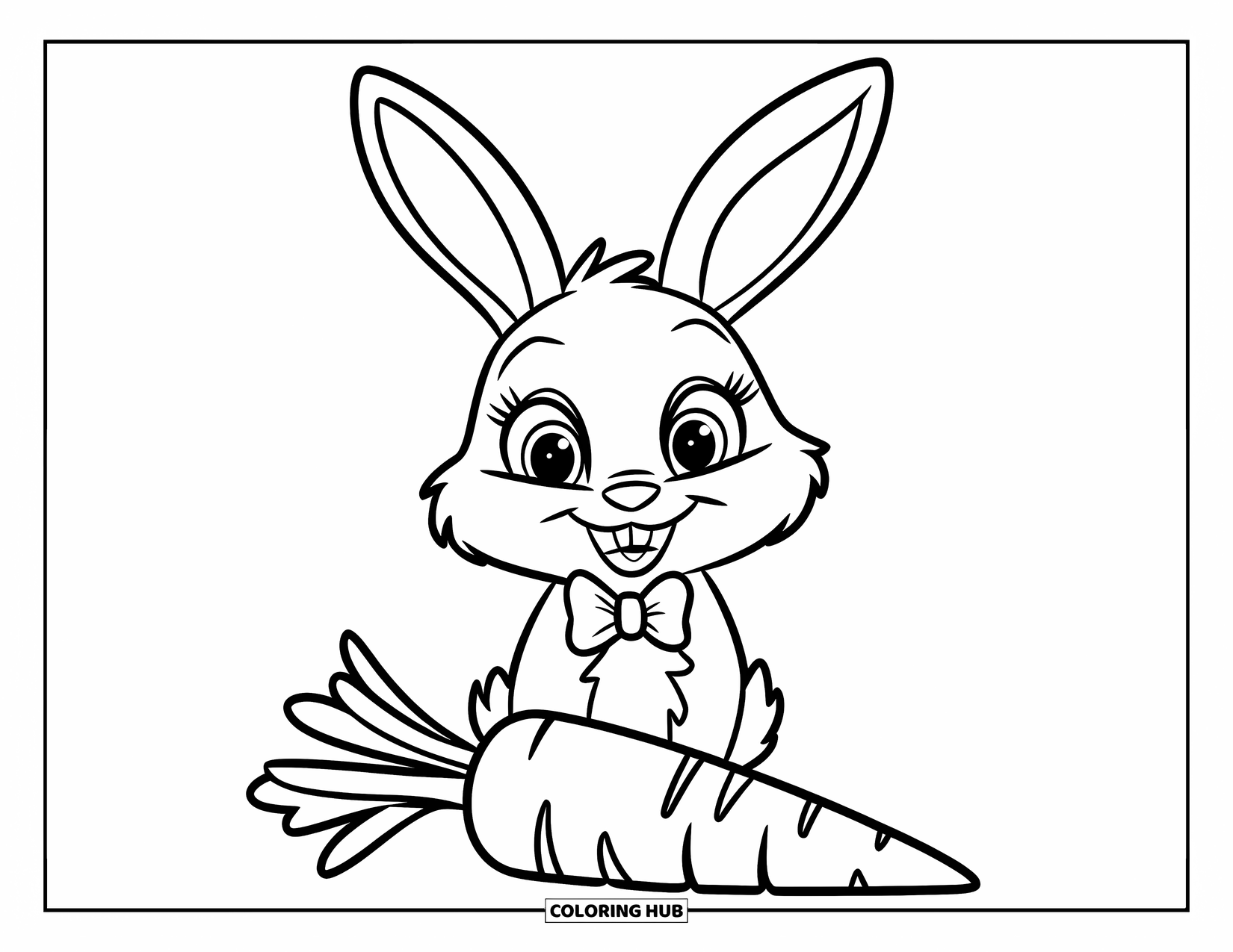 Kolorowanka z Królikiem dla Dzieci: Króliczek z dużymi oczami i muszką siedzi obok długiej, liściastej marchewki