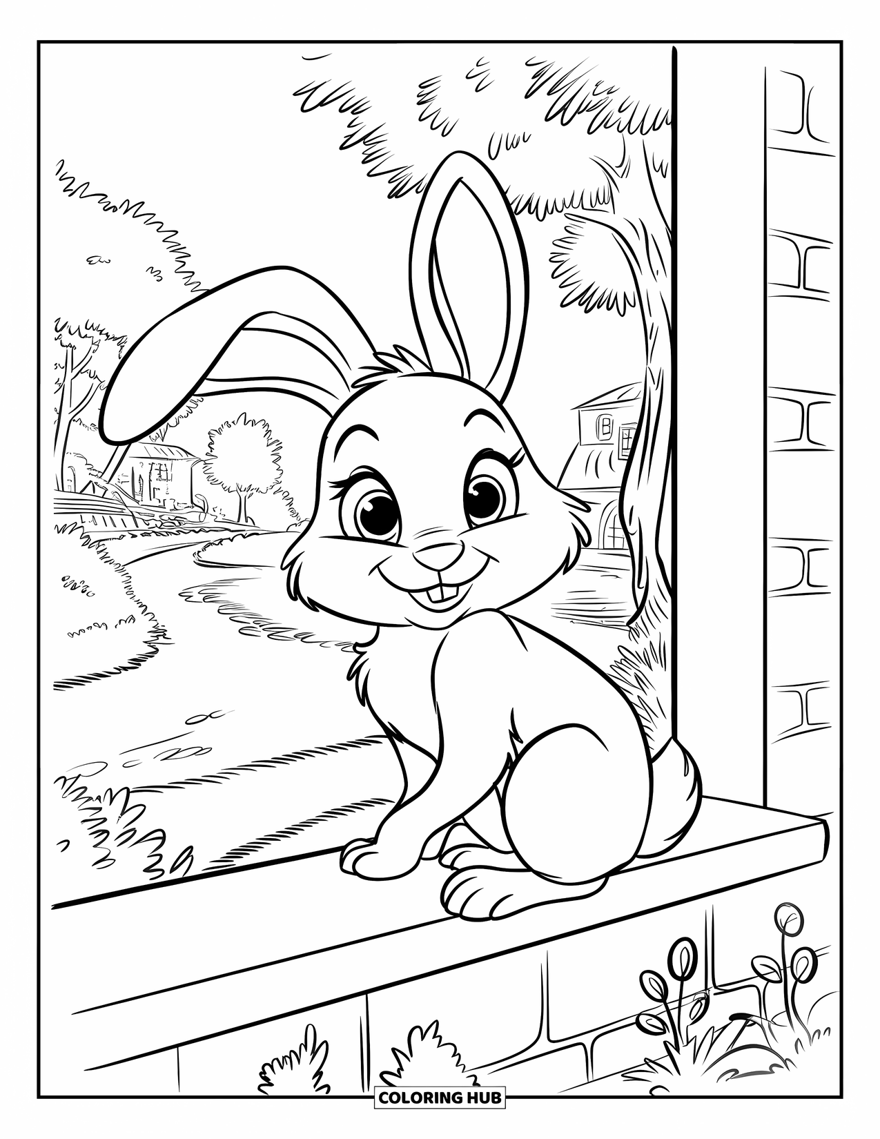 Kolorowanka z Królikiem dla Dzieci: Króliczek z oklapniętymi uszami siedzi na parapecie, obserwując malowniczą ścieżkę i odległy dom