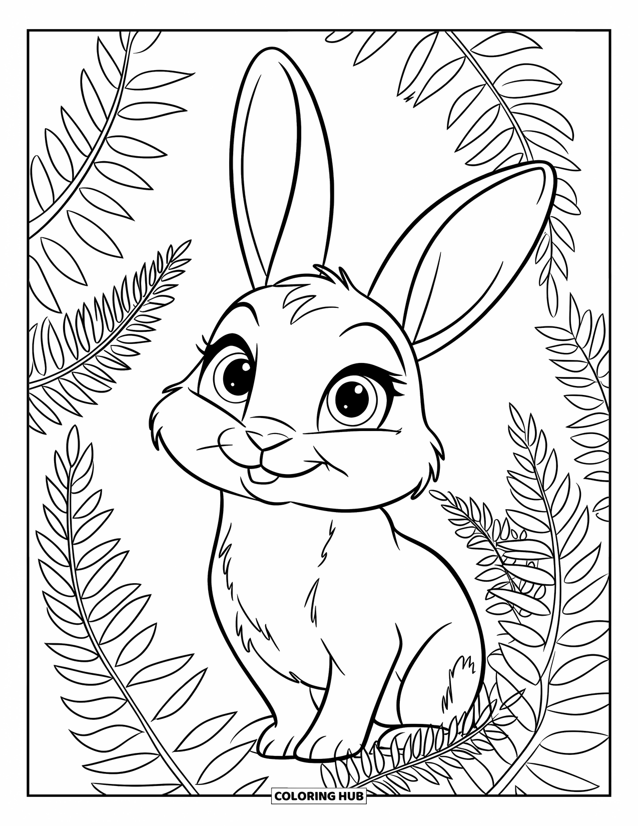 Kolorowanka z Królikiem dla Dzieci: Króliczek z okrągłymi oczami patrzy z ciekawością w górę, otoczony wysokimi, cienkimi paprociami