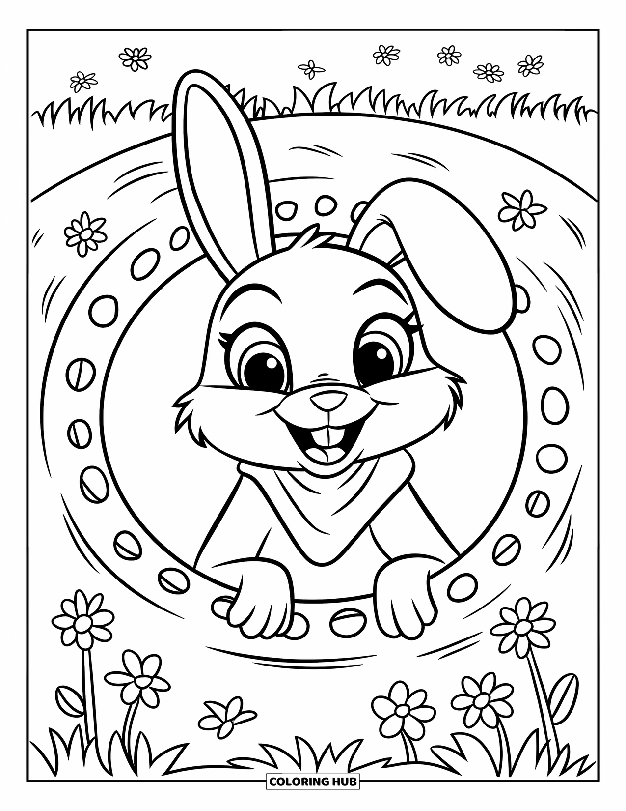 Kolorowanka z Królikiem dla Dzieci: Króliczek z okrągłymi oczami wygląda z nory w pobliżu drzewa na trawiastej łące
