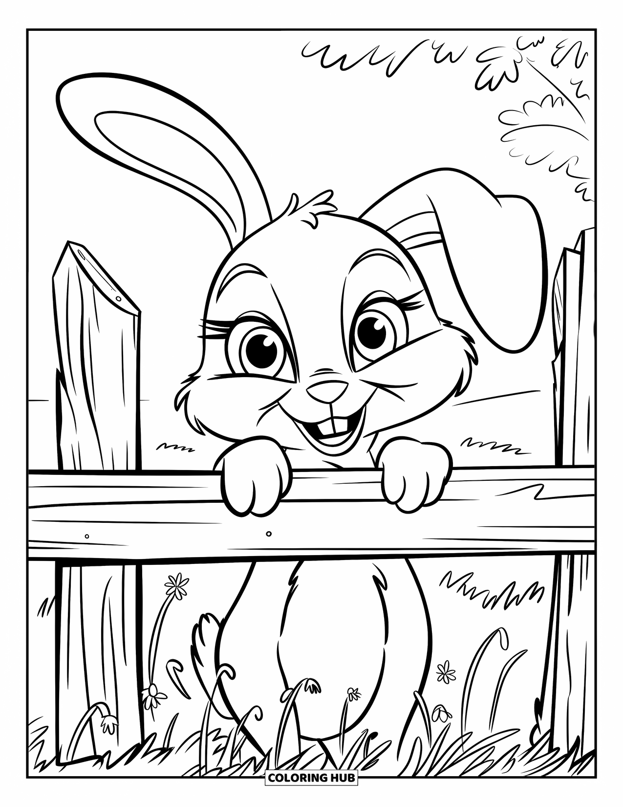 Kolorowanka z Królikiem dla Dzieci: Króliczek z oklapniętymi uszami wygląda przez szpary starego drewnianego płotu, a w pobliżu rosną dzikie kwiaty