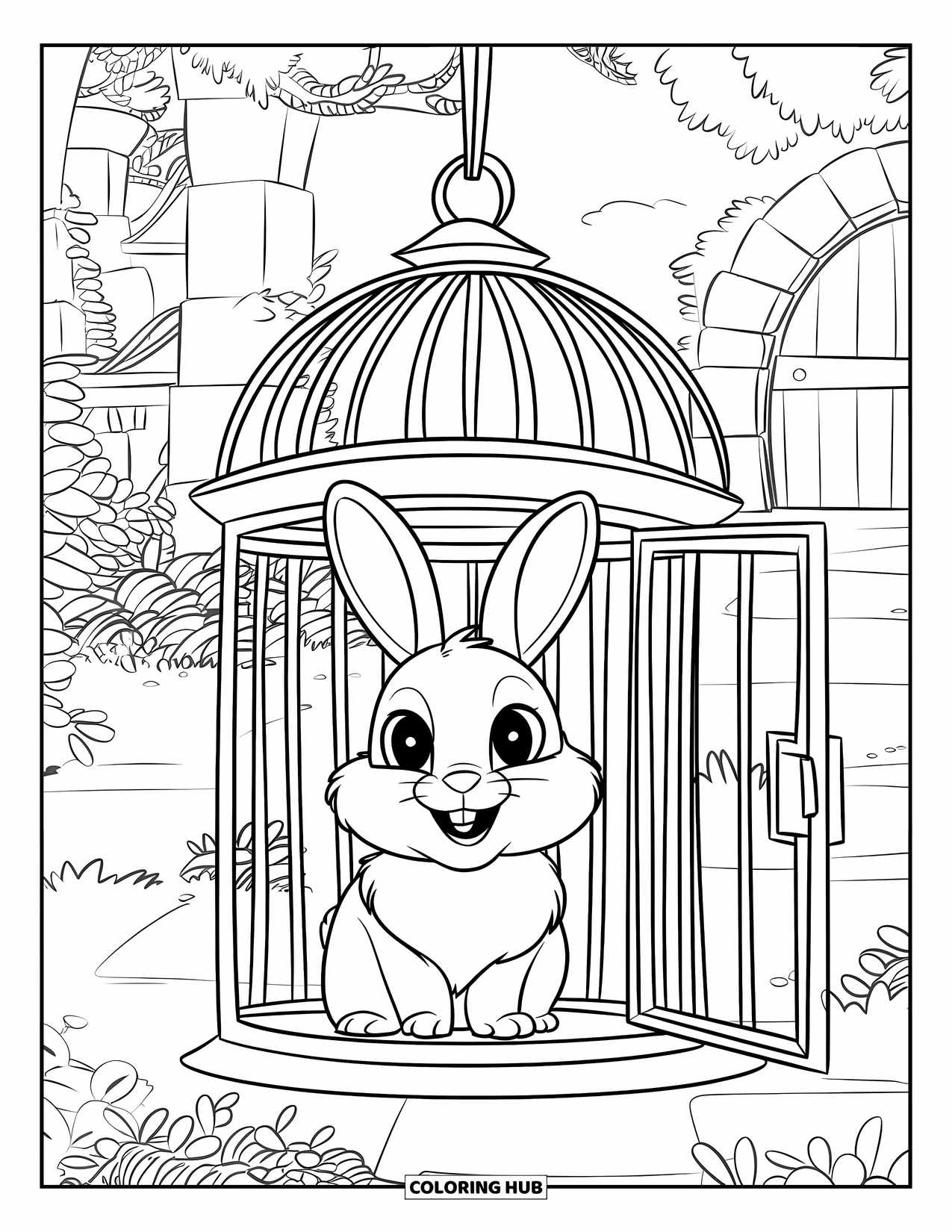 Kolorowanka z Królikiem dla Dzieci: Puszysty króliczek siedzi w ozdobnej klatce dla ptaków, otoczony spokojnym ogrodem