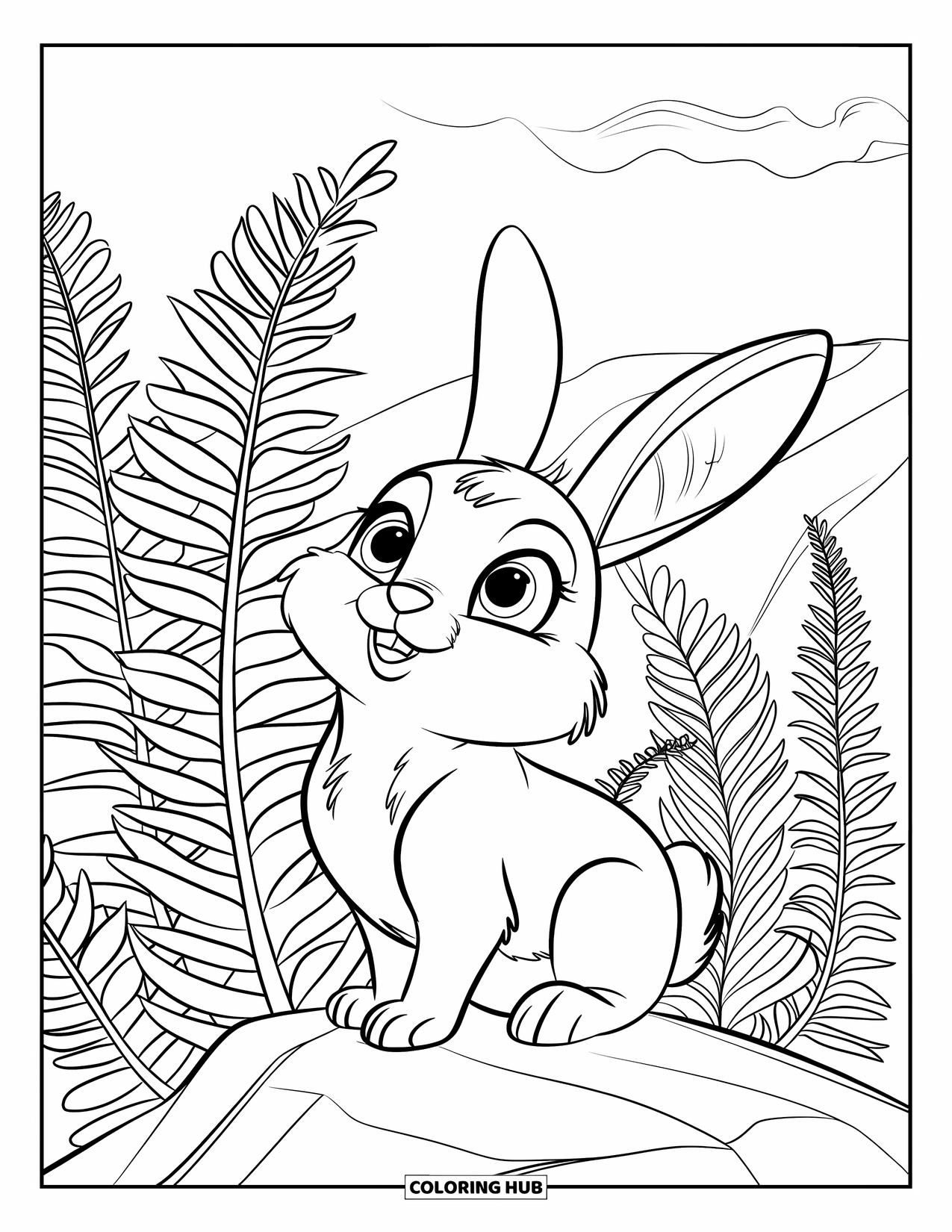 Kolorowanka z Królikiem dla Dzieci: Puszysty króliczek siedzi na kamieniu, patrząc na wysokie paprocie wokół niego