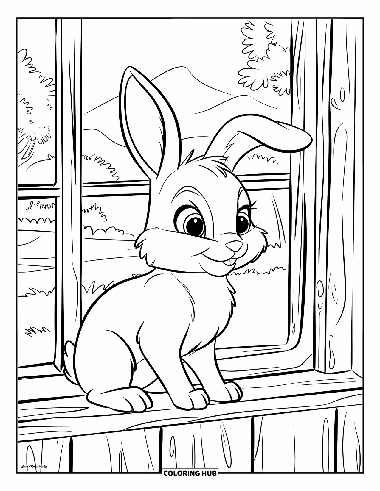 Kolorowanka z Królikiem dla Dzieci: Puszysty króliczek siedzi na parapecie, wpatrując się w spokojny krajobraz drzew i gór