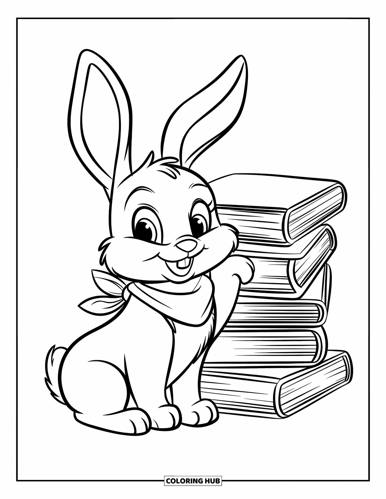 Kolorowanka z Królikiem dla Dzieci: Puszysty króliczek z szalikiem siedzi obok stosu książek w spokojnym wnętrzu