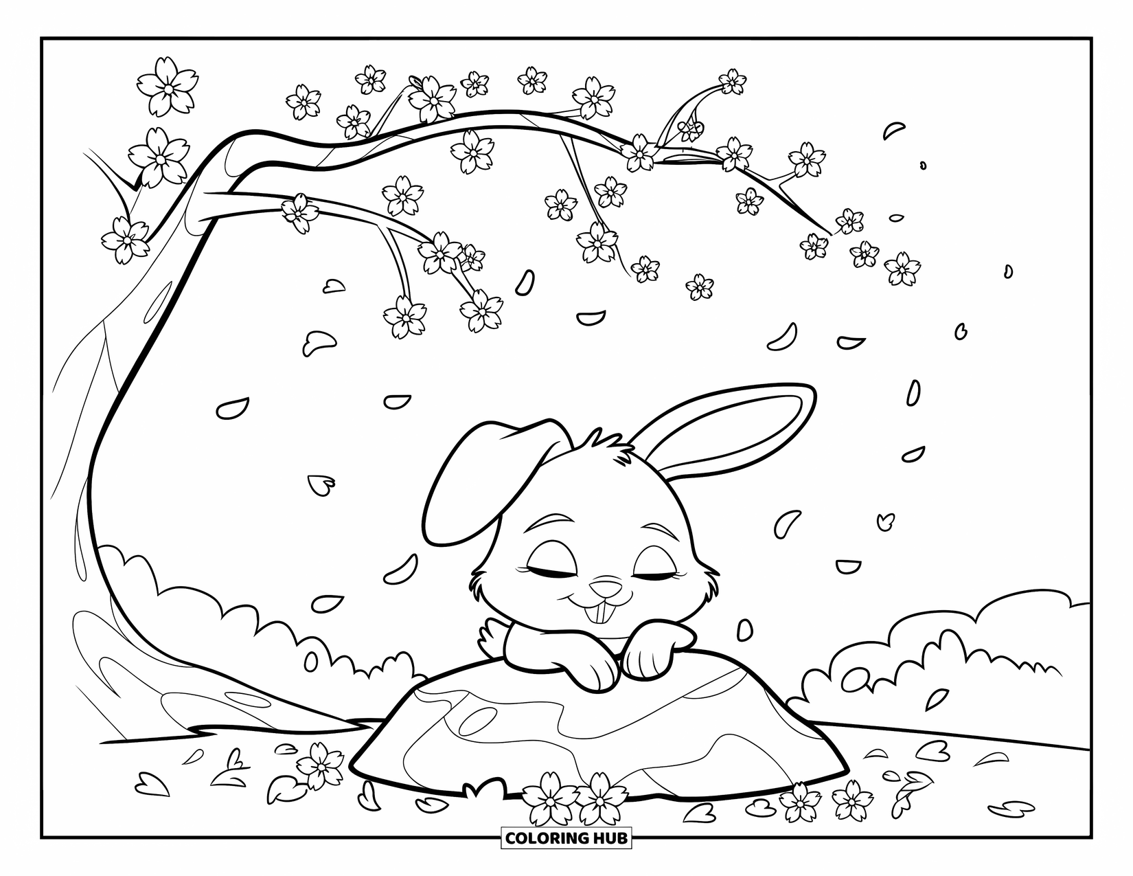 Kolorowanka z Królikiem dla Dzieci: Spokojny króliczek siedzi na kamieniu pod kwitnącym drzewem wiśni z opadającymi płatkami