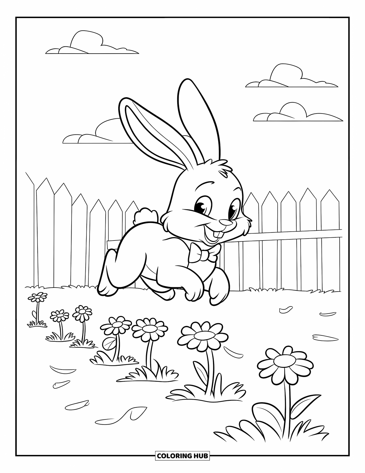 Kolorowanka z Królikiem dla Dzieci: Figlarny króliczek w czerwonym płaszczu przeskakuje nad kwiatami w ogrodzie z błękitnym niebem