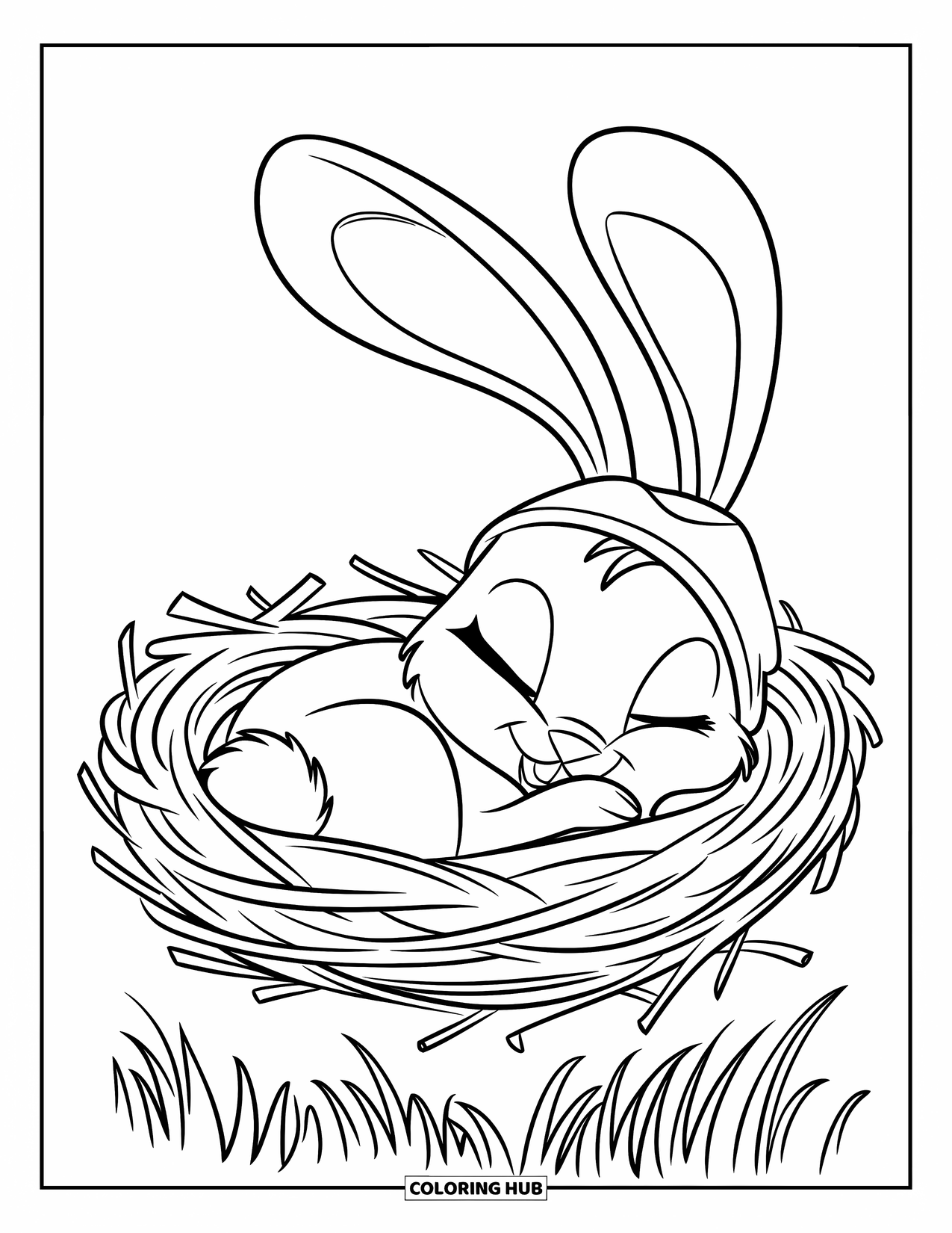 Kolorowanka z Królikiem dla Dzieci: Śpiący króliczek w małym kapeluszu odpoczywa w gnieździe zrobionym z gałązek i trawy