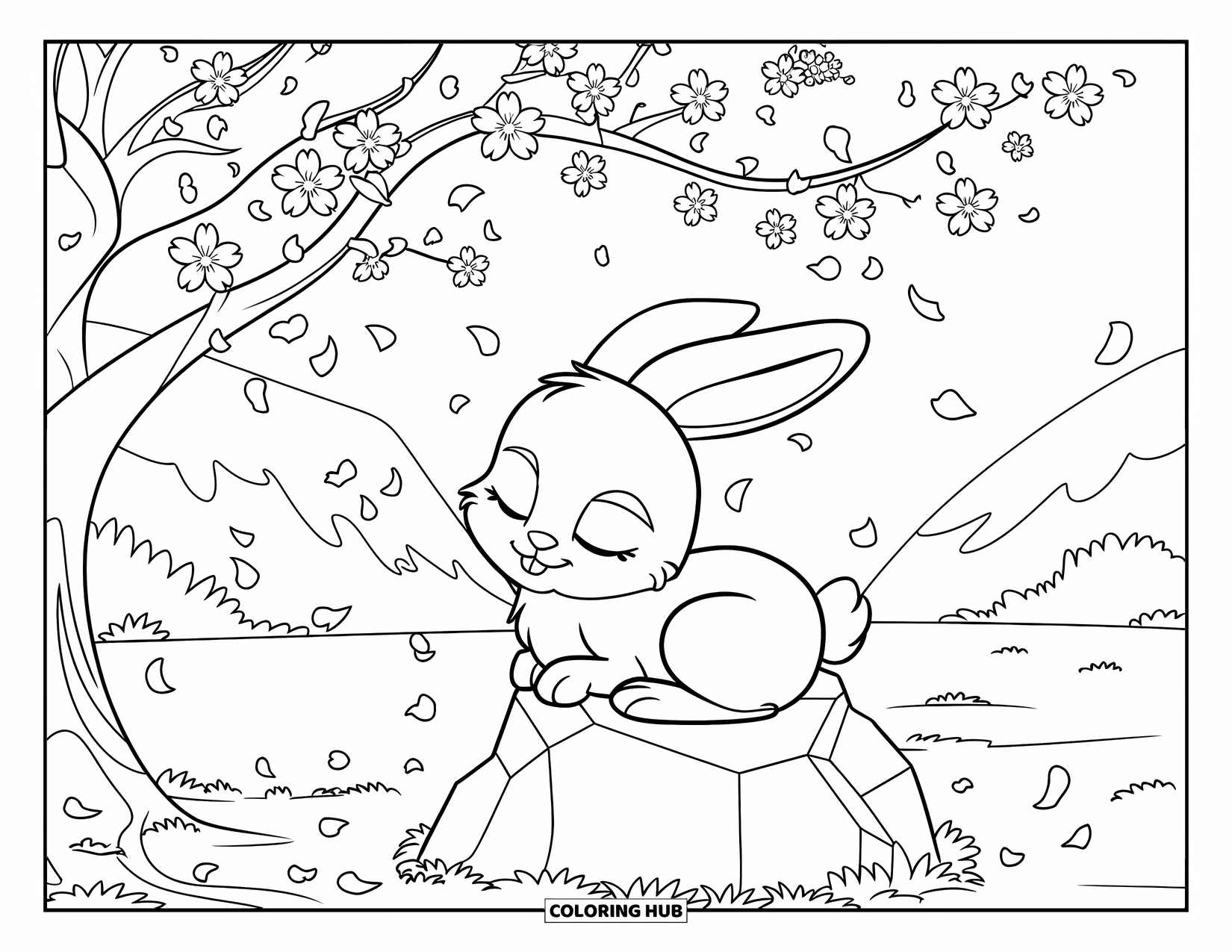 Kolorowanka z Królikiem dla Dzieci: Śpiący króliczek siedzi pod drzewem kwitnącej wiśni, a płatki opadają na ziemię
