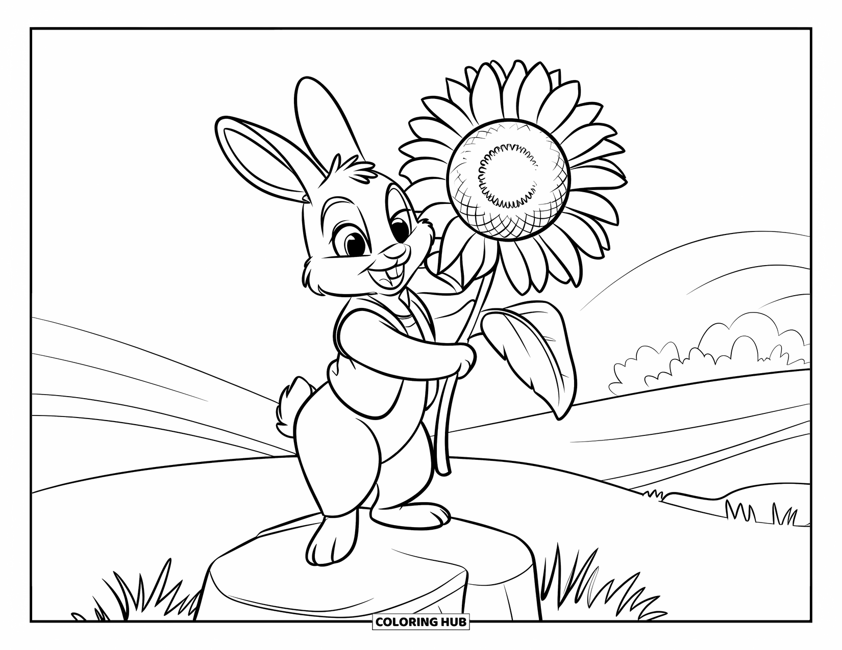 Kolorowanka z Królikiem dla Dzieci: Uśmiechnięty króliczek w zielonej kamizelce trzyma słonecznik, stojąc na tle spokojnego krajobrazu