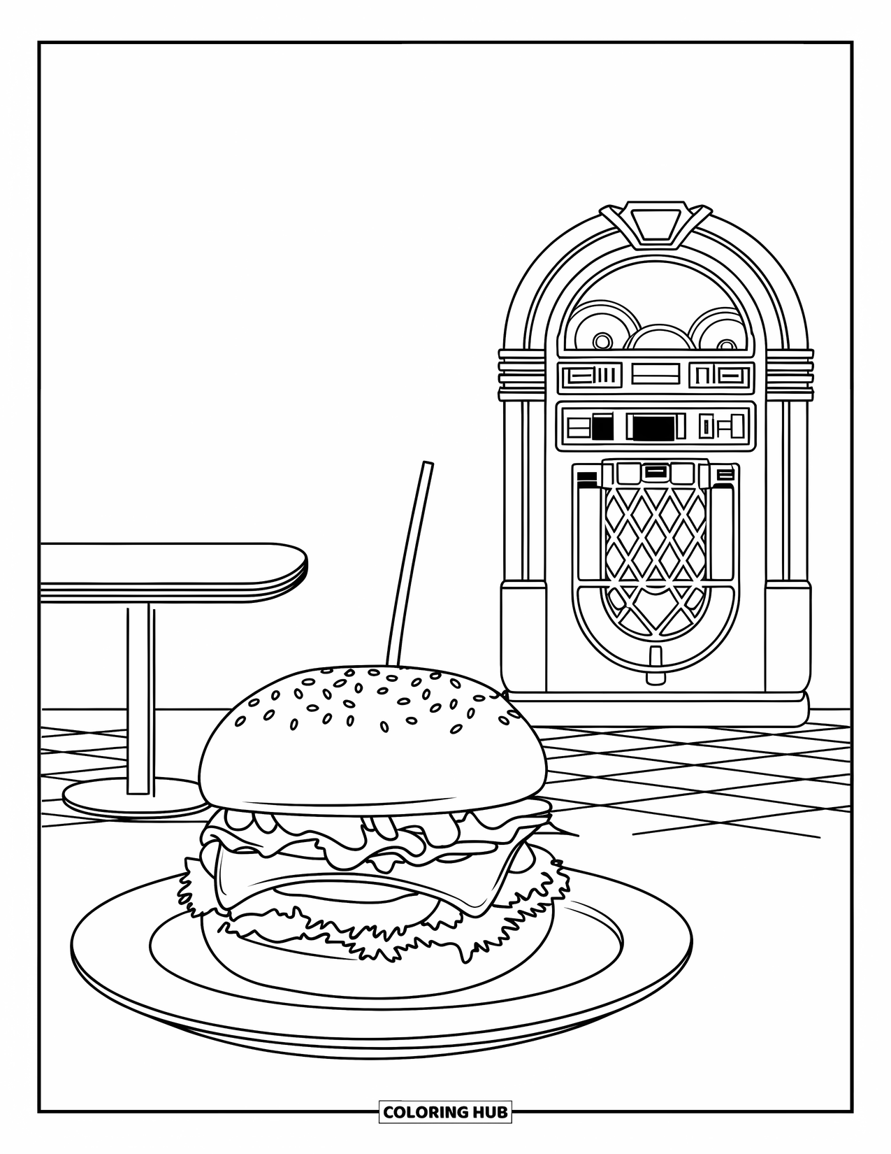 Burger Kleurplaat voor Volwassenen: Een jaren 50-diner met een jukebox en een burgerbord brengt een vintage sfeer tot leven
