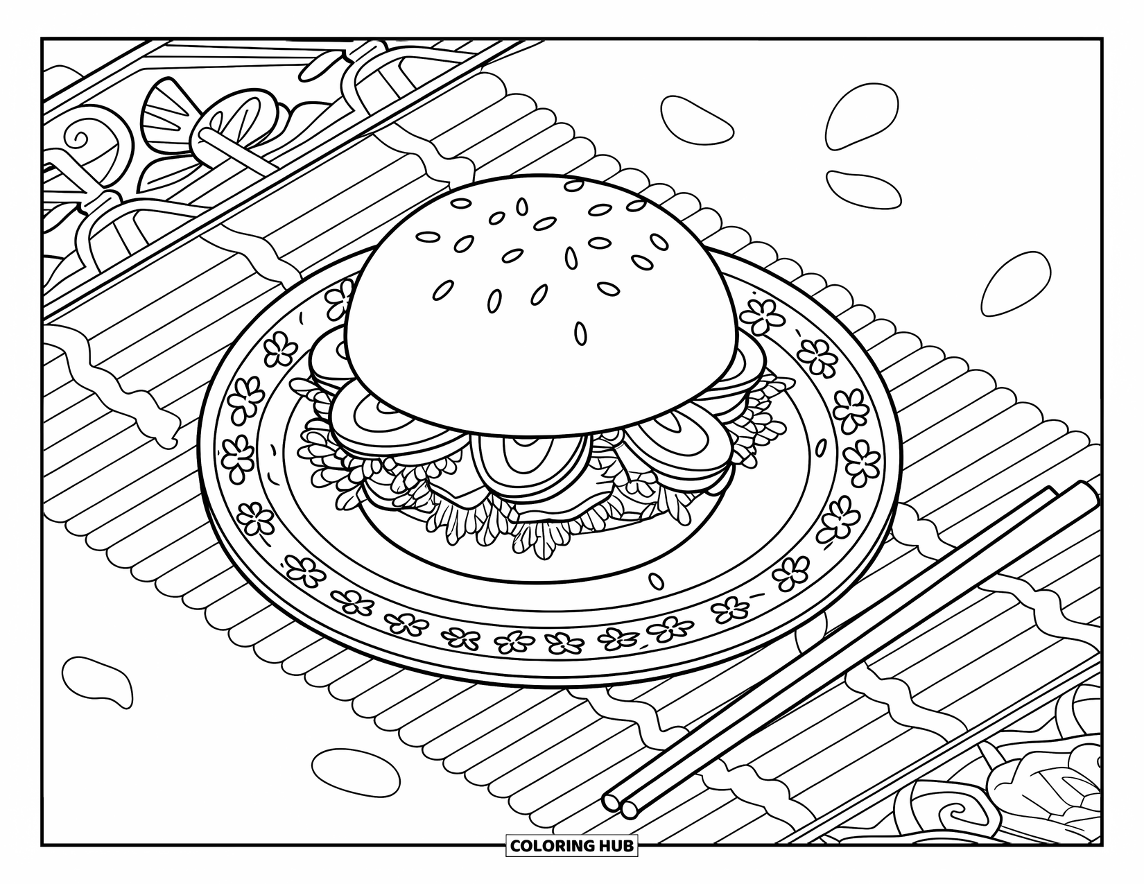 Burger Kleurplaat voor Volwassenen: Een bento-burger met eetstokjes rust op een bamboemat, omringd door ingewikkelde garneringsdetails