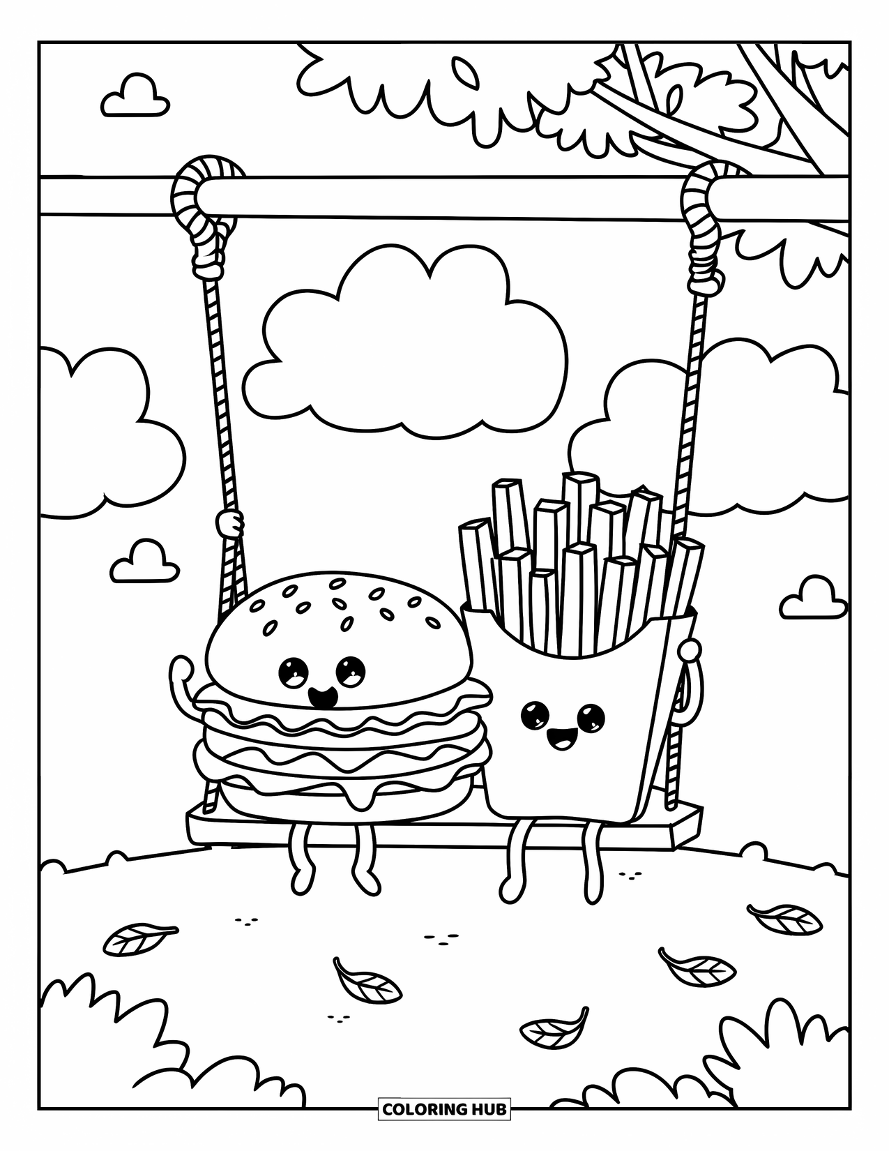 Burger Kleurplaat voor Volwassenen: Een burger en een bakje frietjes die vrolijk spelen op een schommel onder zachte wolken