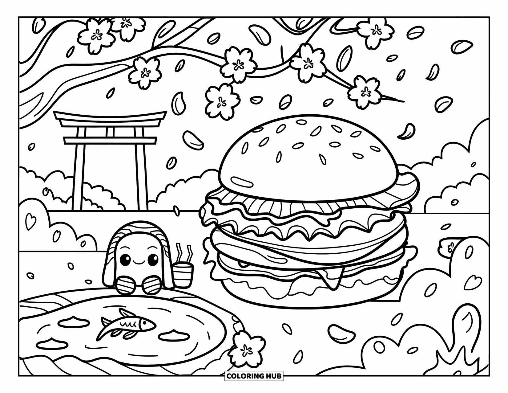 Burger Kleurplaat voor Volwassenen: Een burger en sushi rusten onder een kersenbloesemboom met een torii op de achtergrond