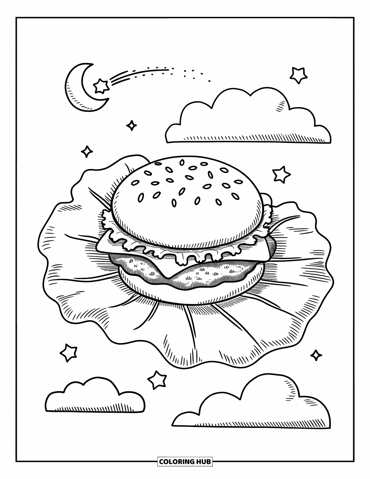 Burger Kleurplaat voor Volwassenen: Een burger die vredig slaapt op een slawolk met een kleine maan en zwevende sterren