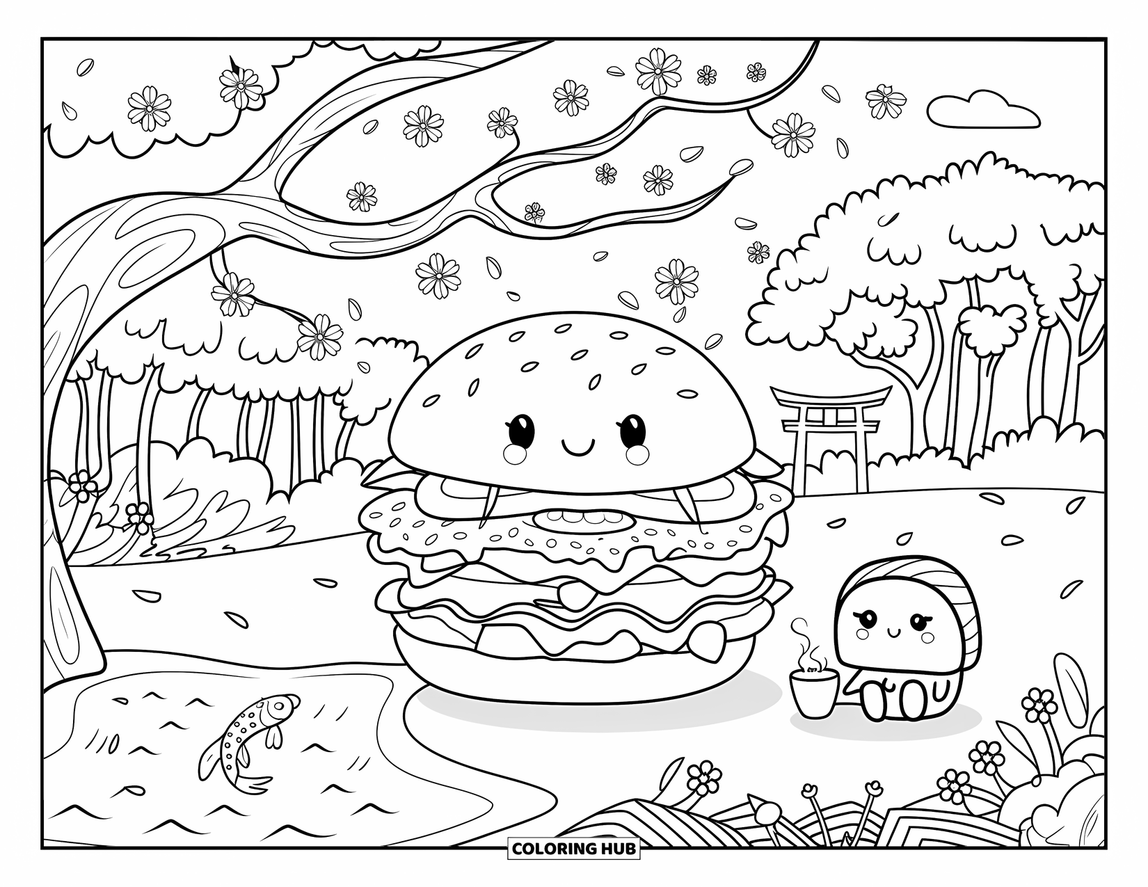 Burger Kleurplaat voor Volwassenen: Een burger die thee drinkt onder vallende kersenbloesems terwijl een sushi-vriend naar een koi-vis kijkt