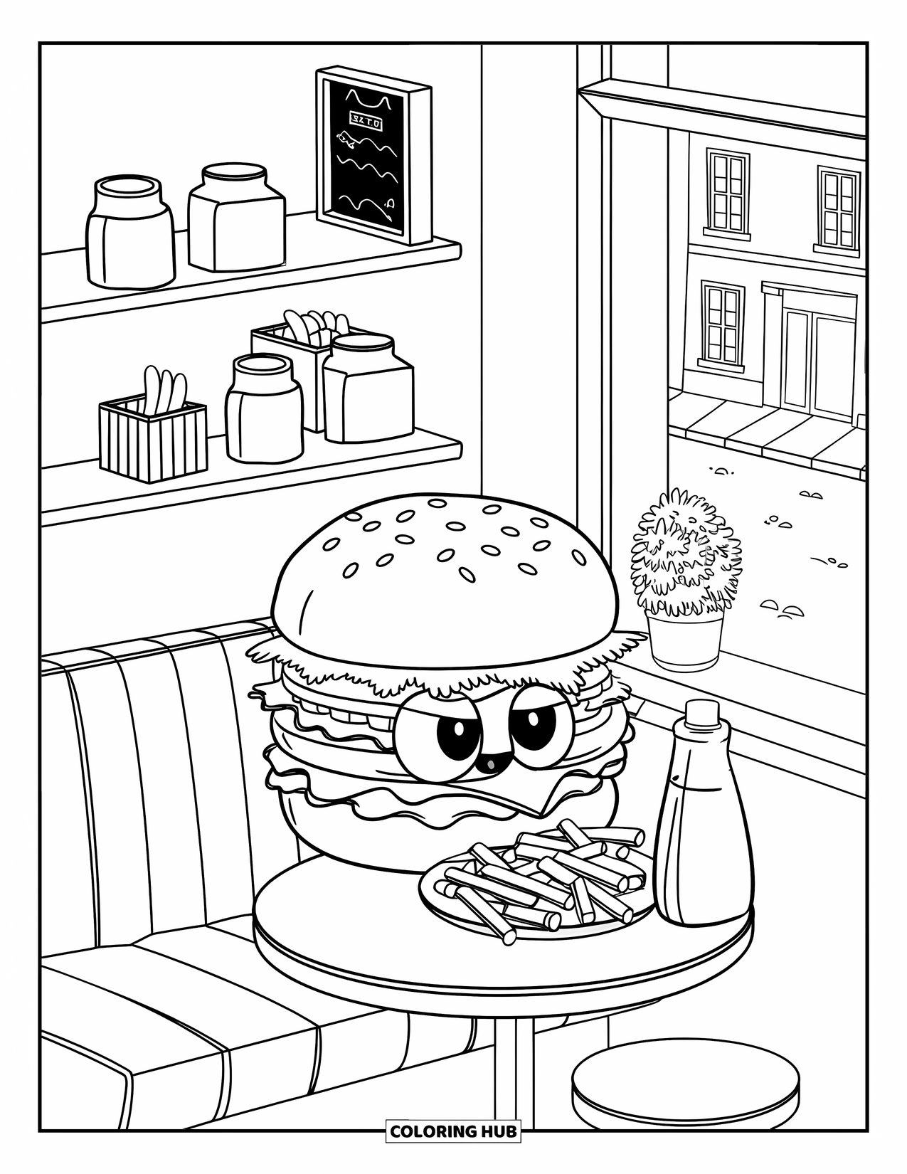 Burger Kleurplaat voor Volwassenen: Een burger die in een klein café zit, verborgen achter frietjes en een ketchupfles