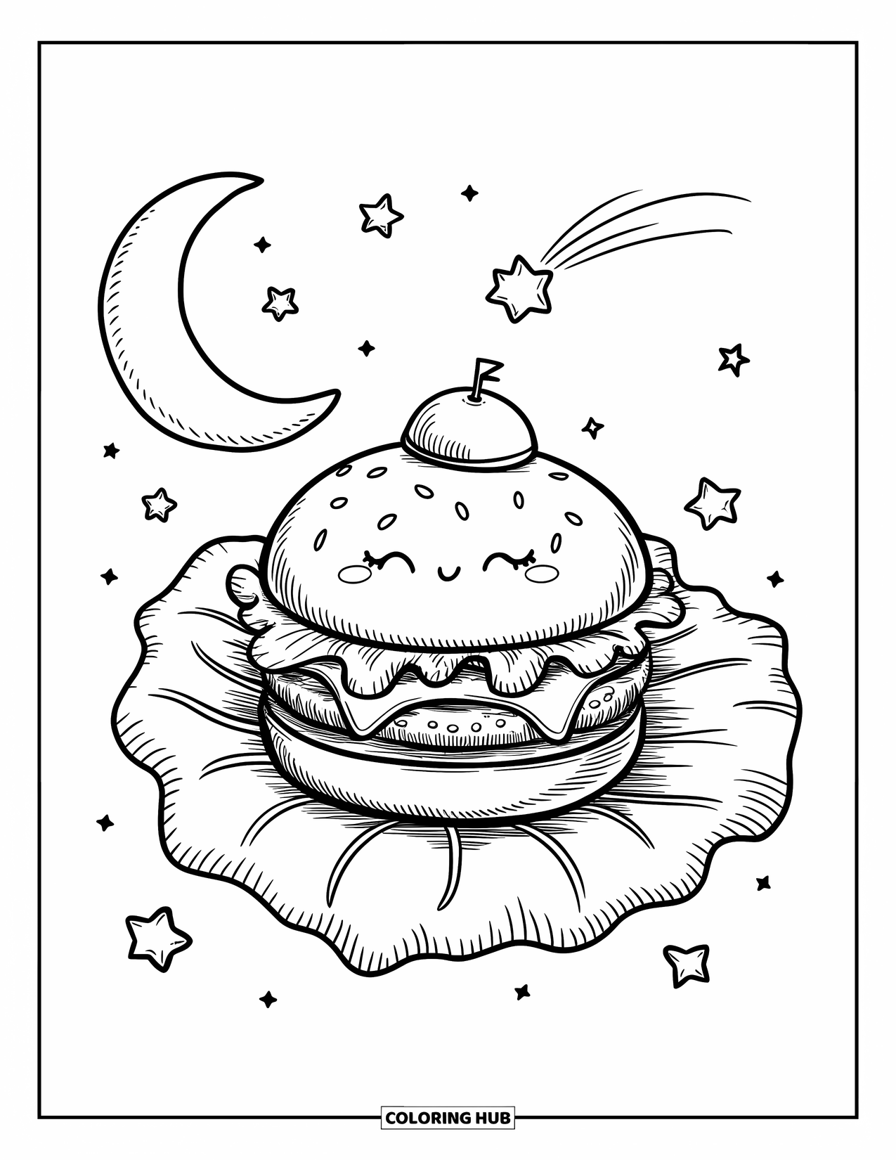 Burger Kleurplaat voor Volwassenen: Een burger met een slaapmuts slaapt op een wolk, omringd door sterren en een vallende ster