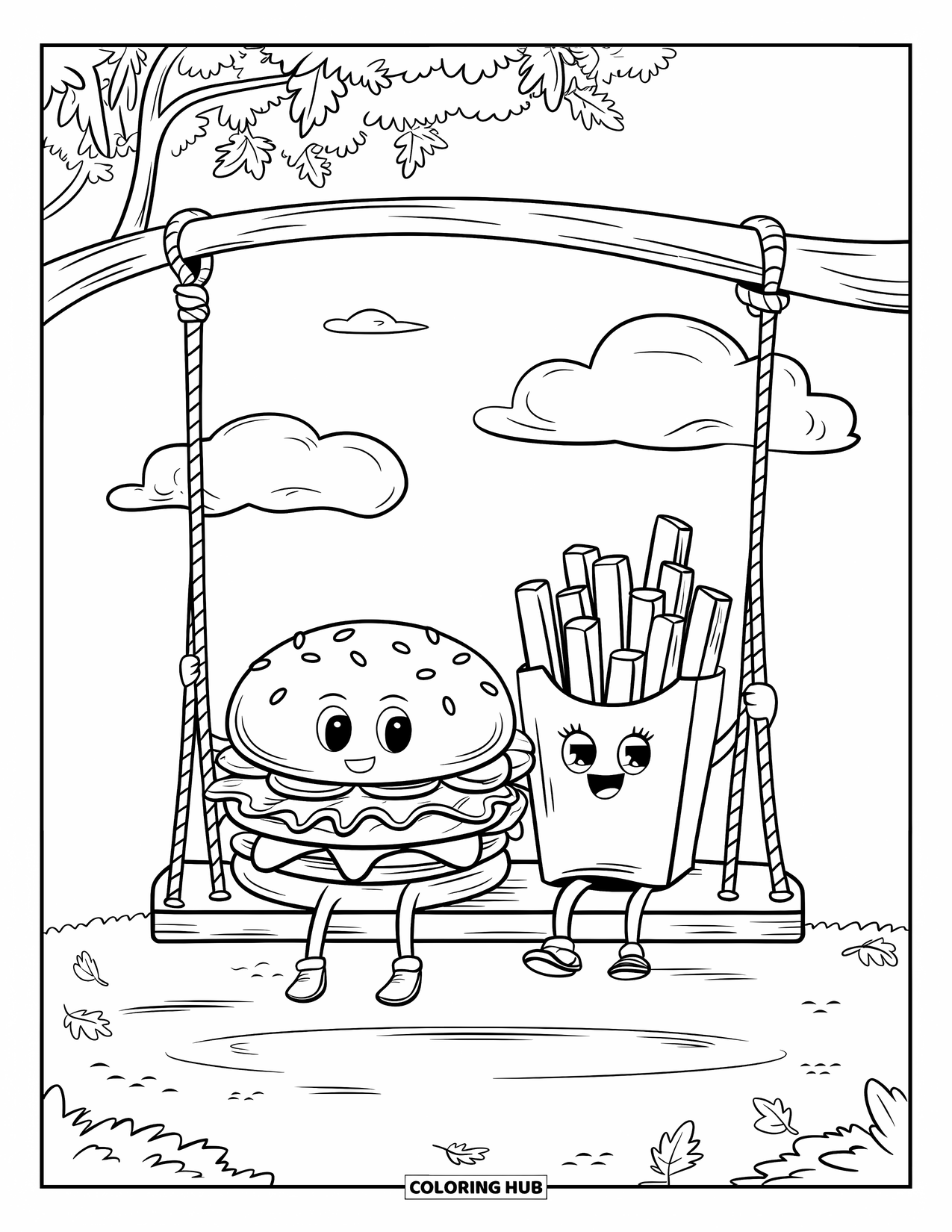 Burger Kleurplaat voor Volwassenen: Een vrolijke burger en frietjes die vrolijk schommelen onder een boom met hartvormige bladeren