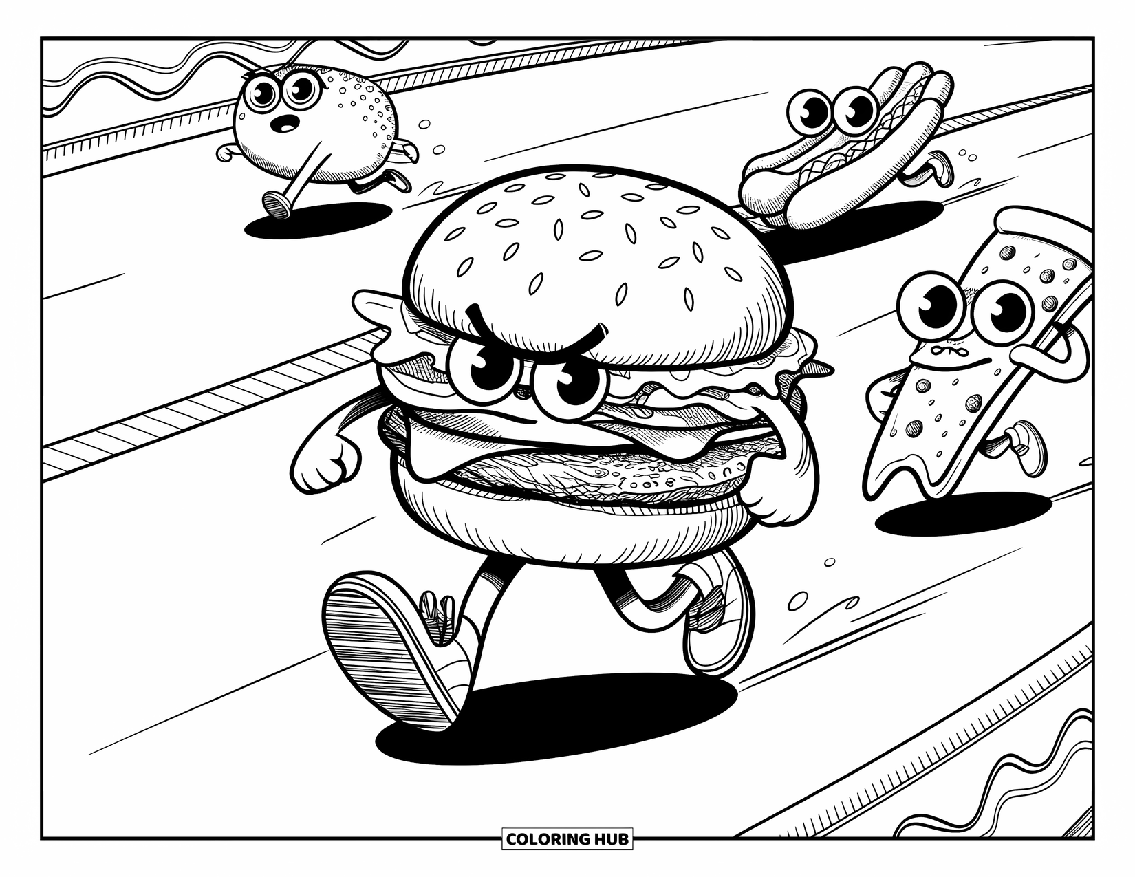 Burger Kleurplaat voor Volwassenen: Een vastberaden burger die op een baan rent met een hotdog en pizza die hem achtervolgen