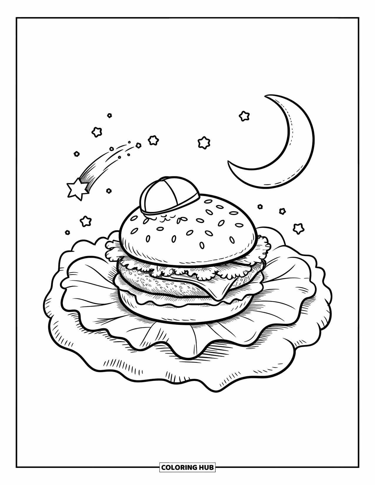 Burger Kleurplaat voor Volwassenen: Een dromerige burger die boven een wolk zweeft met een maansikkel en fonkelende sterren