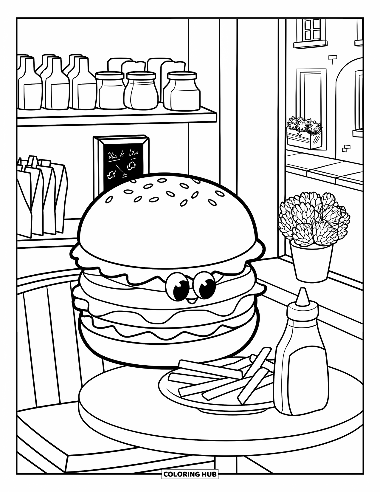 Burger Kleurplaat voor Volwassenen: Een pluizige burger die tevoorschijn komt uit een cafékraam achter een enorm bord frietjes en ketchup