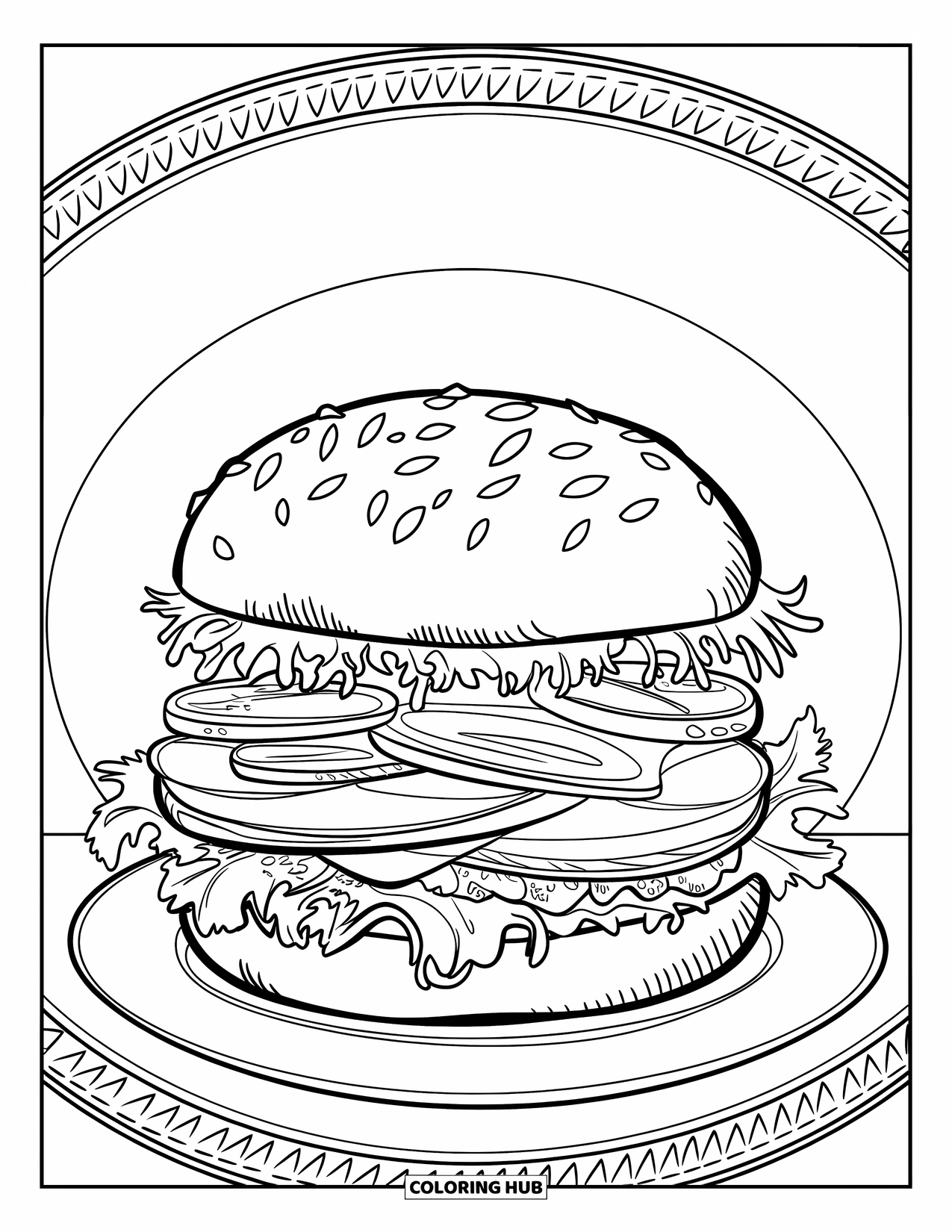 Burger Kleurplaat voor Volwassenen: Een gourmetburger met ingewikkelde ontwerpen op het broodje wordt op een elegant decoratief bord geplaatst