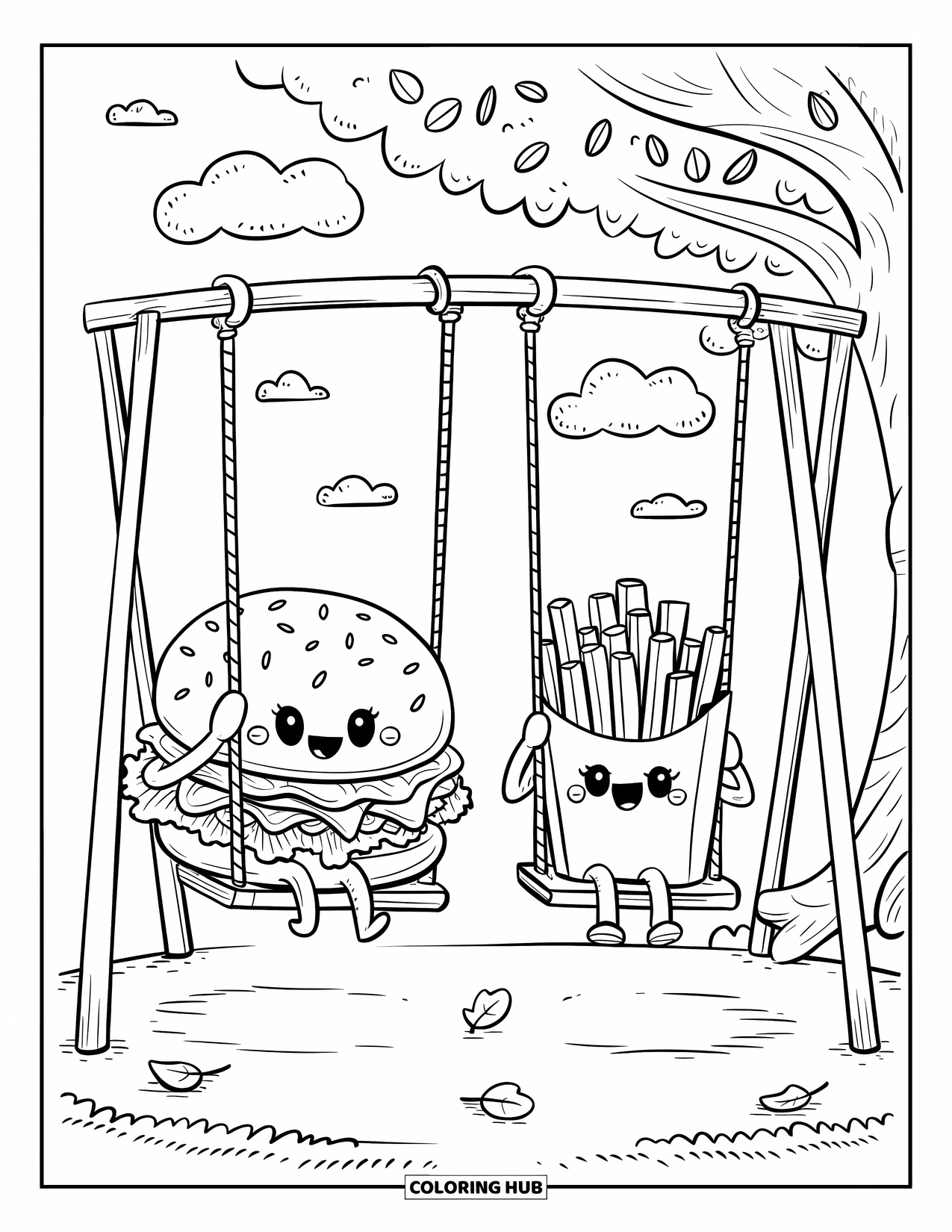 Burger Kleurplaat voor Volwassenen: Een vrolijke burger en frietjes die samen schommelen in een kleine speeltuin met verspreide vallende bladeren