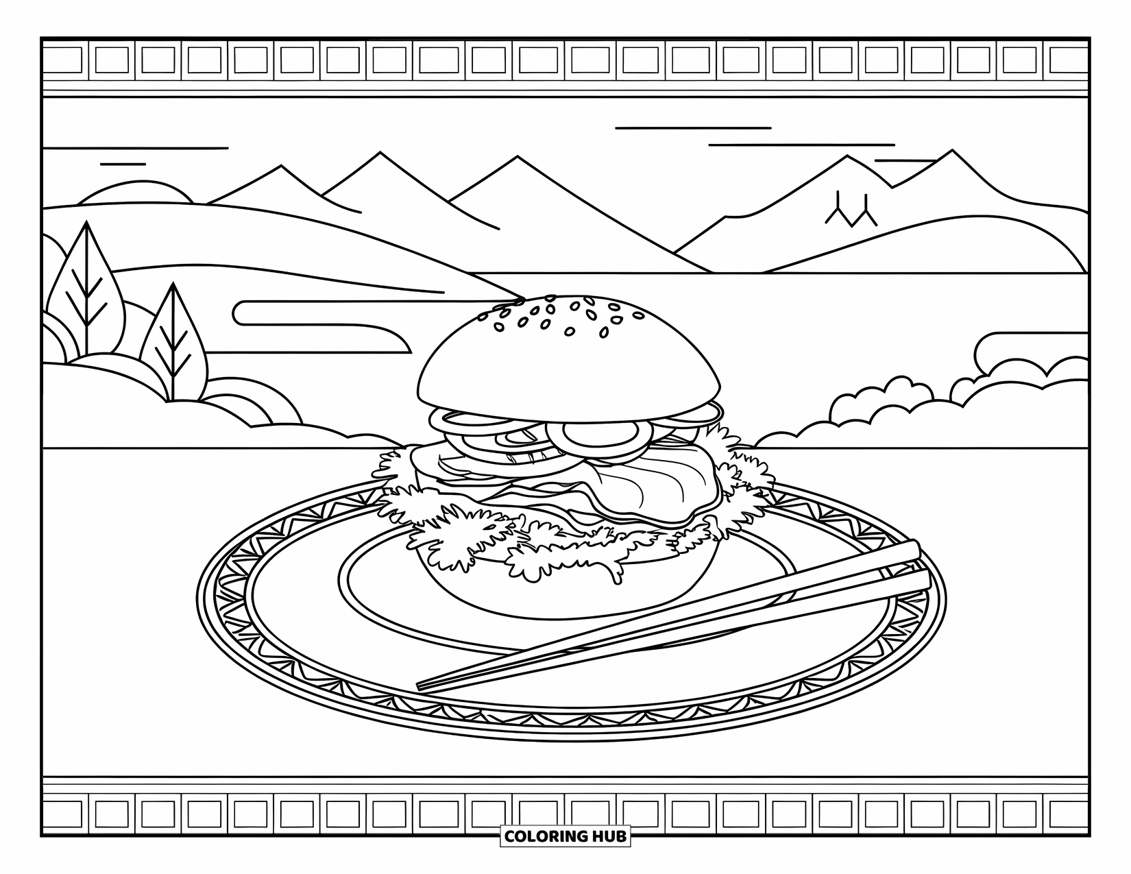 Burger Kleurplaat voor Volwassenen: Een bento-burger in Japanse stijl zit op een decoratief bord met eetstokjes en artistieke garnituren