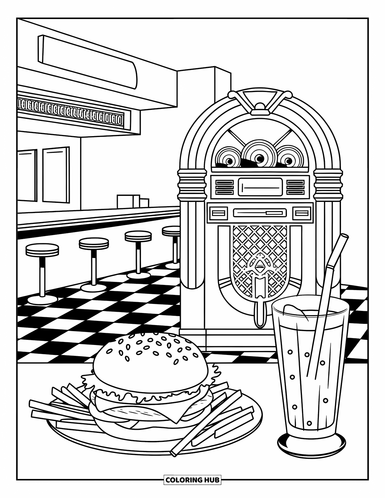 Burger Kleurplaat voor Volwassenen: Een retro diner met een jukebox en een heerlijke burger op een bord creëert een nostalgische sfeer