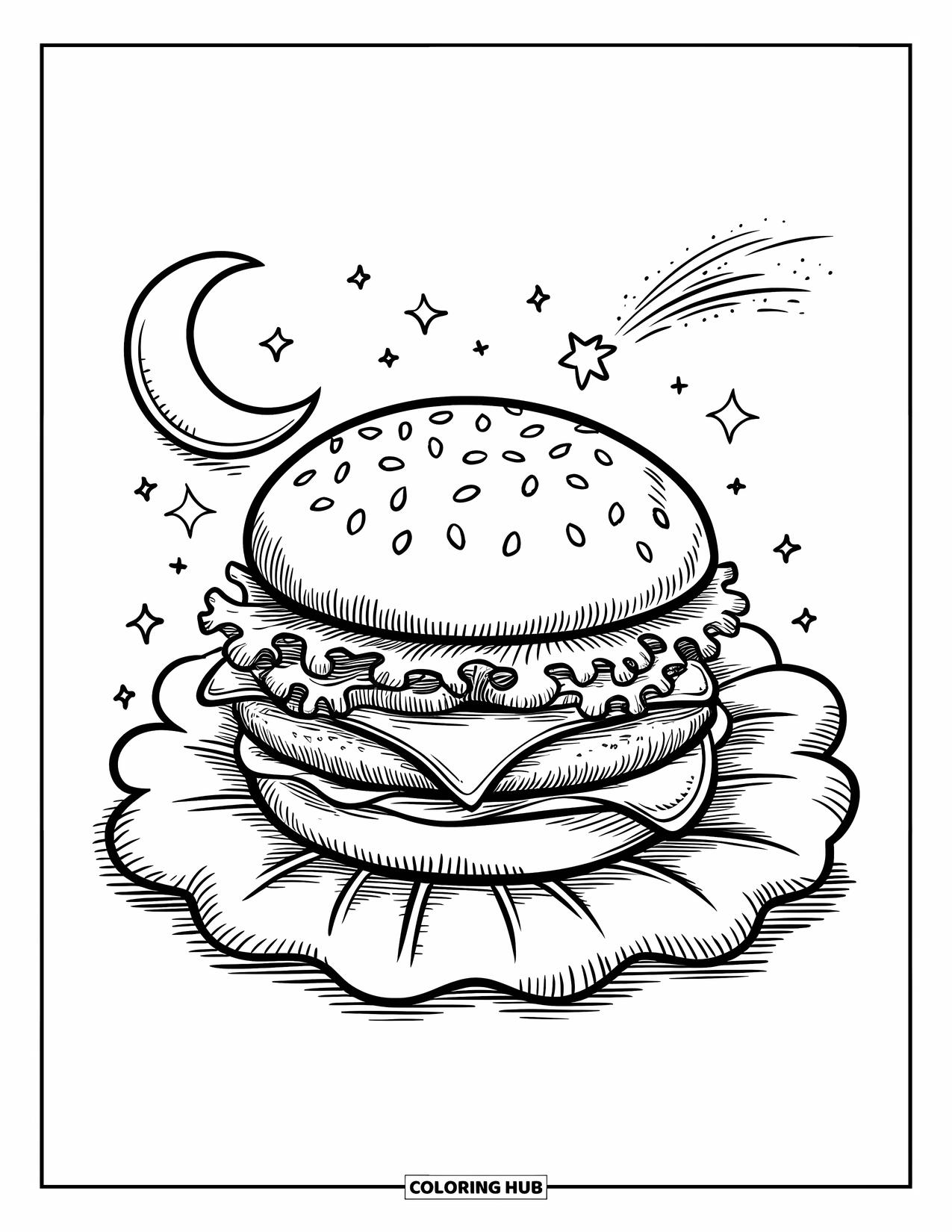Burger Kleurplaat voor Volwassenen: Een slaperige burger rust op een sla-bladwolk, omringd door sterren en een vallende ster