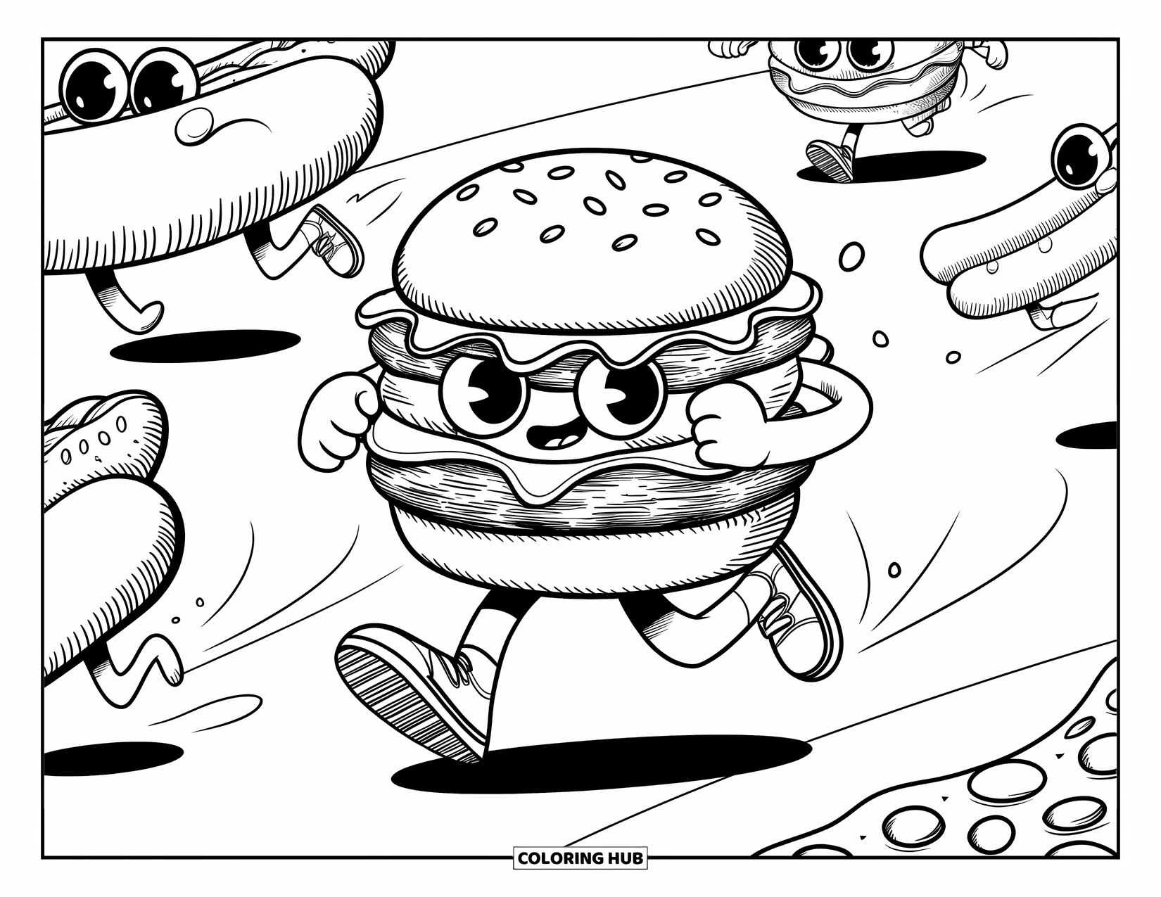 Burger Kleurplaat voor Volwassenen: Een snelle burger die naar de finish racet met een hotdog en een stuk pizza