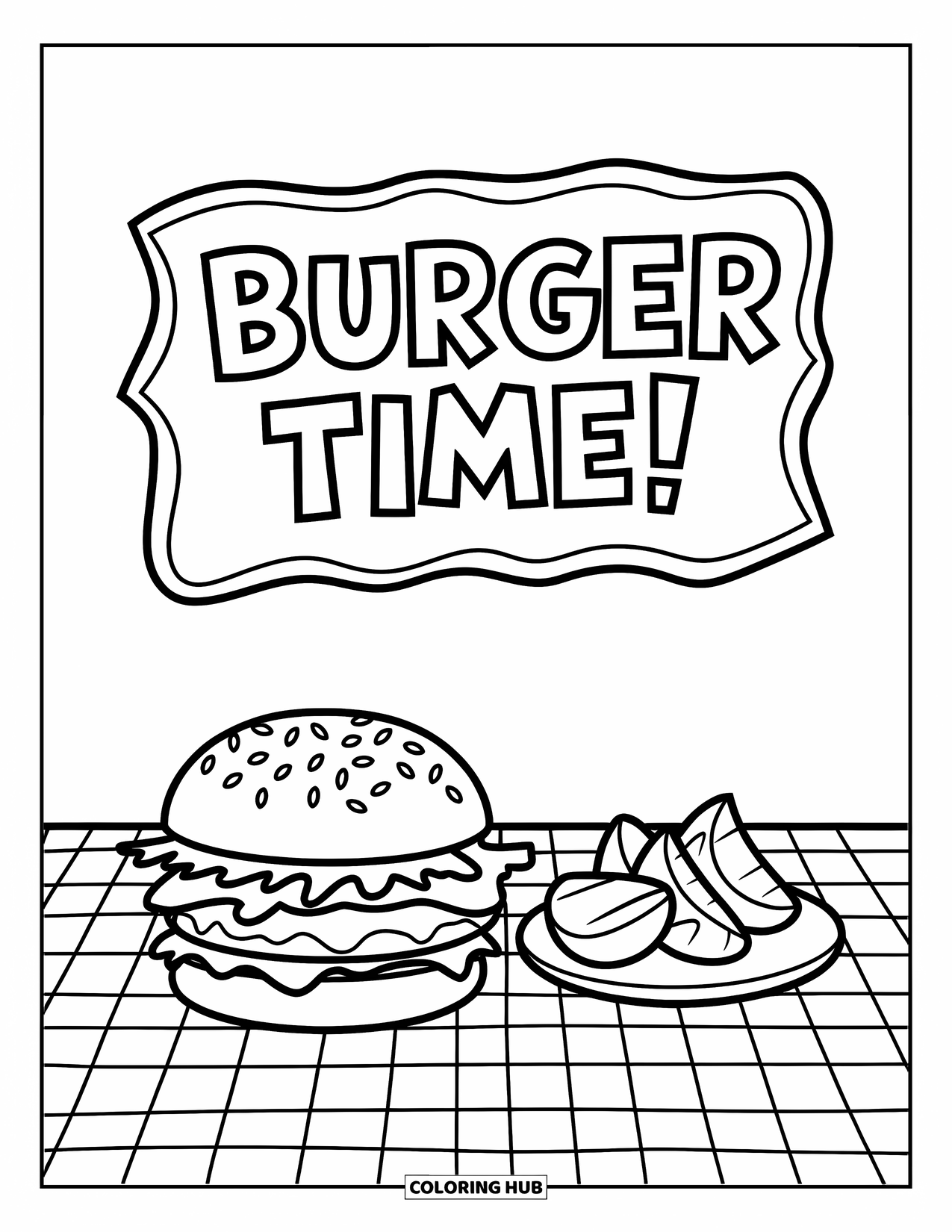 Burger Kleurplaat voor Kinderen: Een burger en aardappelpartjes rustend op een geruit picknickkleed