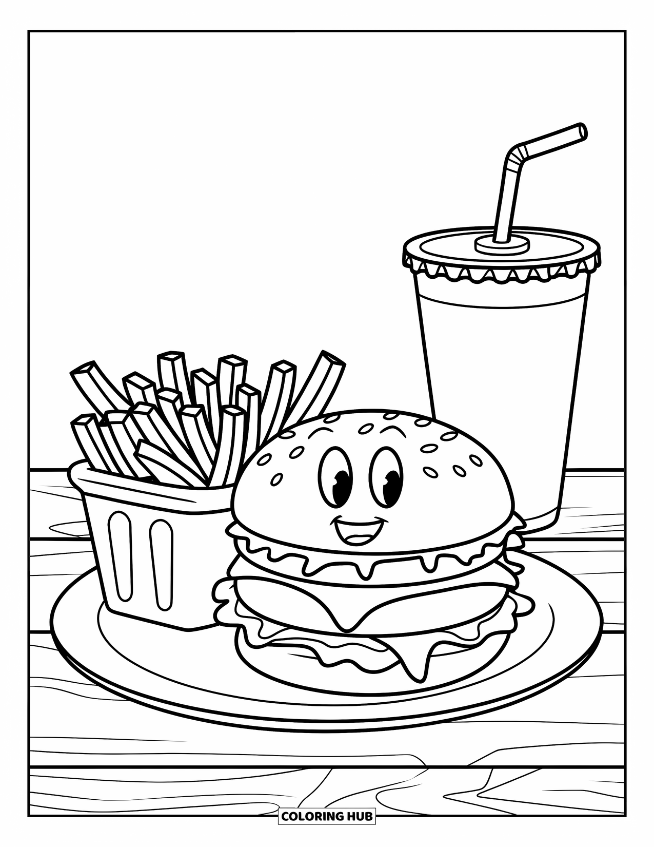 Burger Kleurplaat voor Kinderen: Een vrolijke cheeseburger met frietjes en frisdrank op een houten tafel
