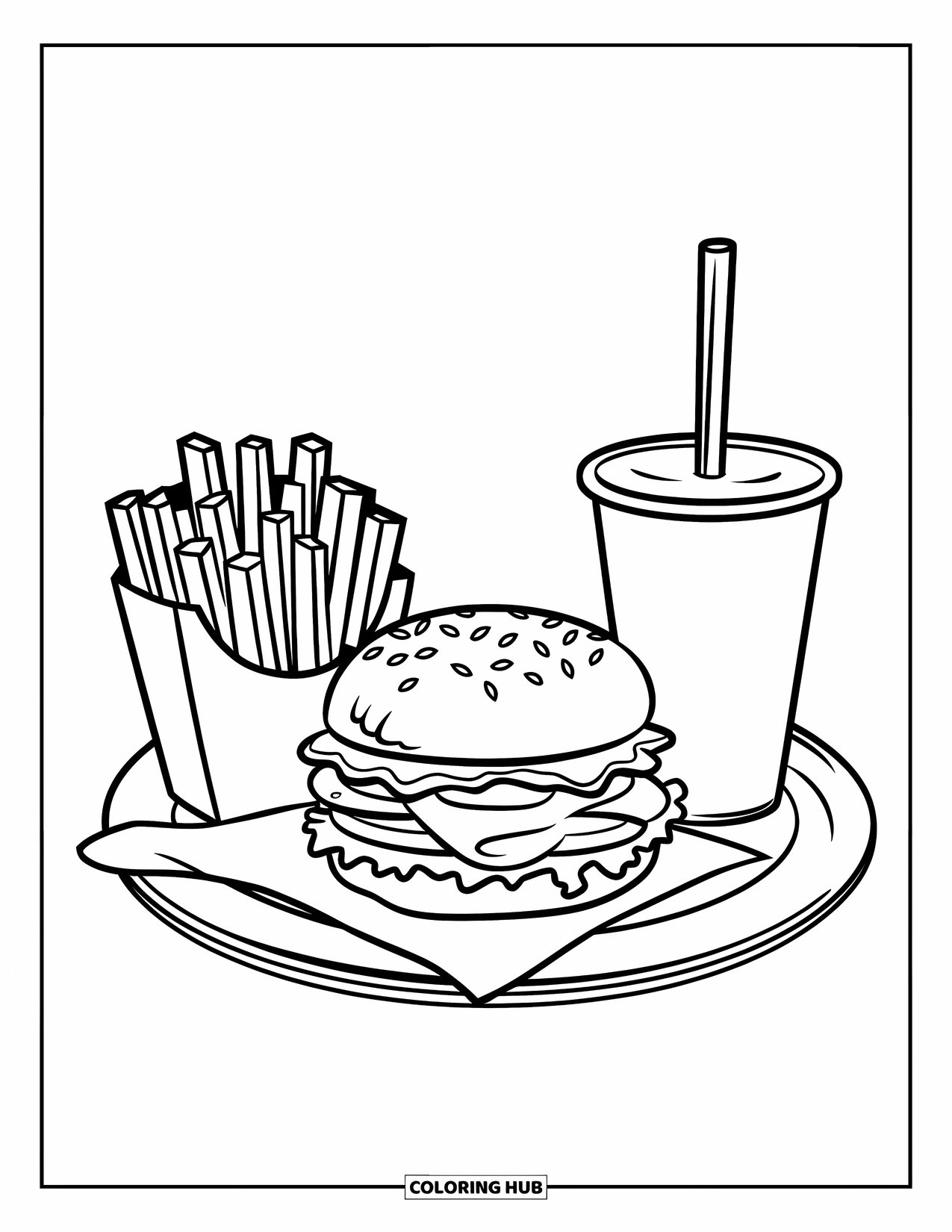 Burger Kleurplaat voor Kinderen: Een klassiek fastfooddienblad met een burger, frietjes en een verfrissende frisdrank
