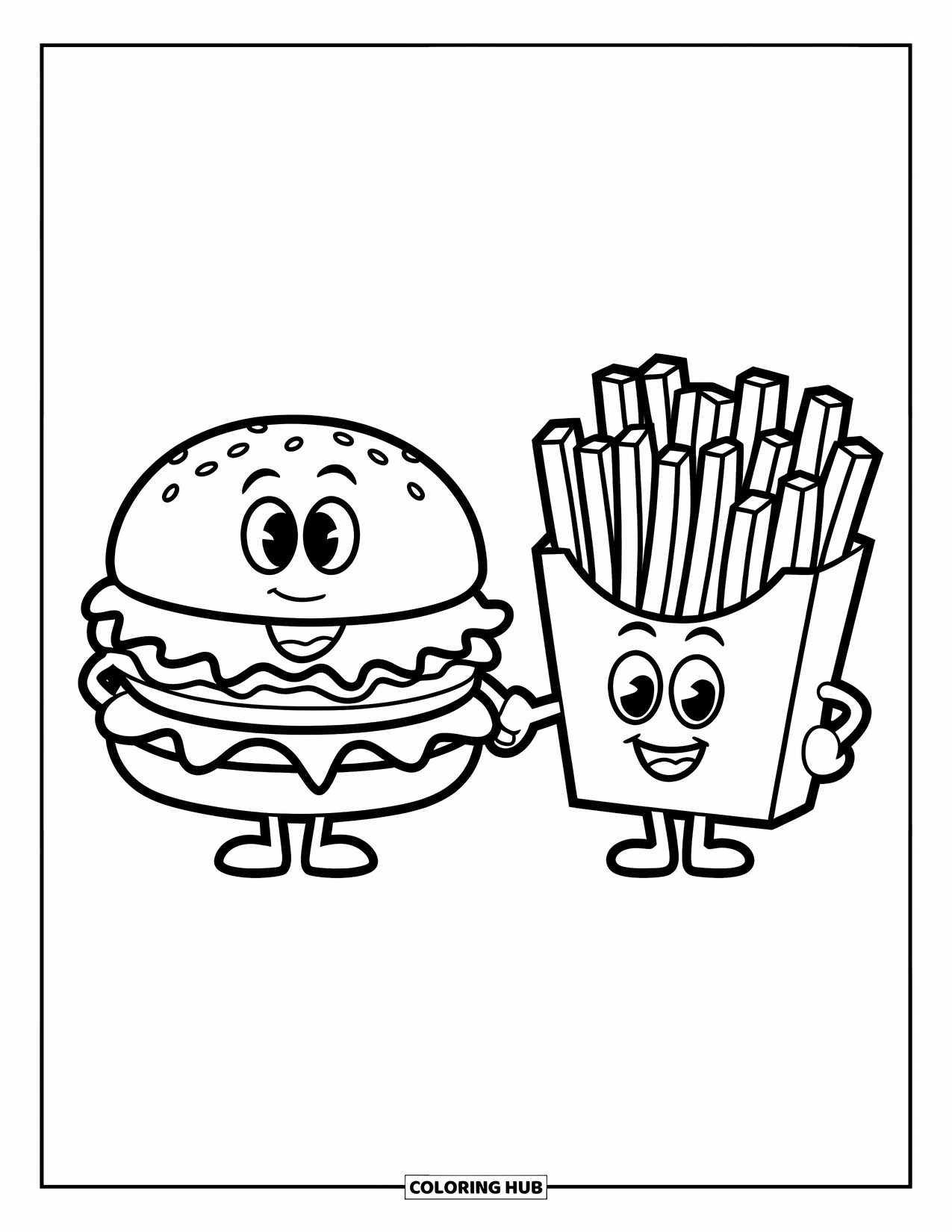 Burger Kleurplaat voor Kinderen: Een schattig burger- en frietjesduo met vrolijke gezichten en dikke lijnen