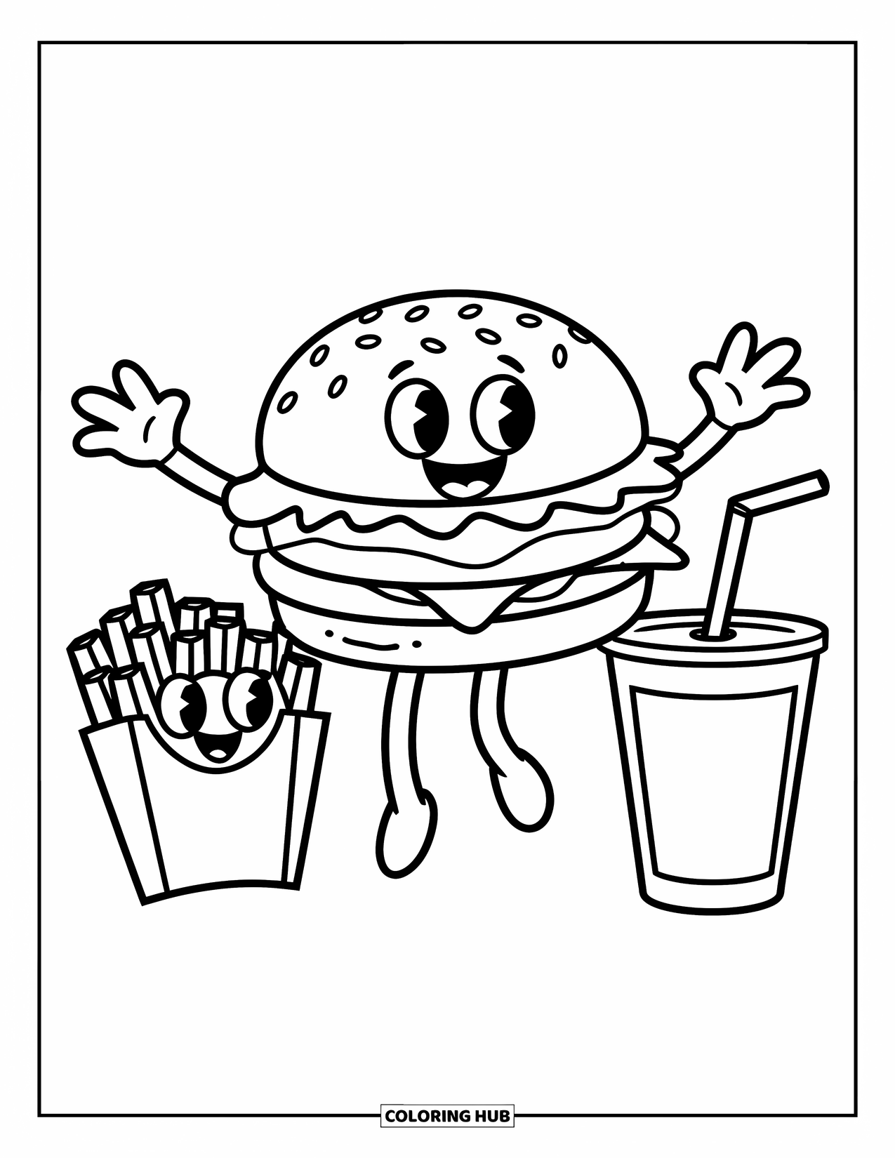 Burger Kleurplaat voor Kinderen: Een schattige burger met armen en benen die vrolijk springt naast frietjes en een frisdrank
