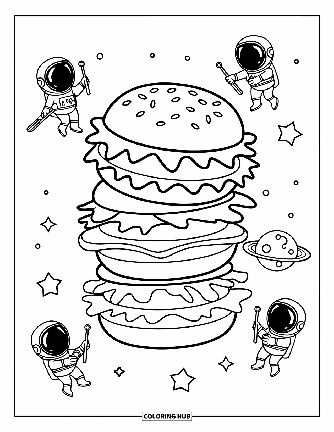 Burger Kleurplaat voor Kinderen: Een heerlijke toren van burgers die in de ruimte zweeft, met nieuwsgierige astronauten