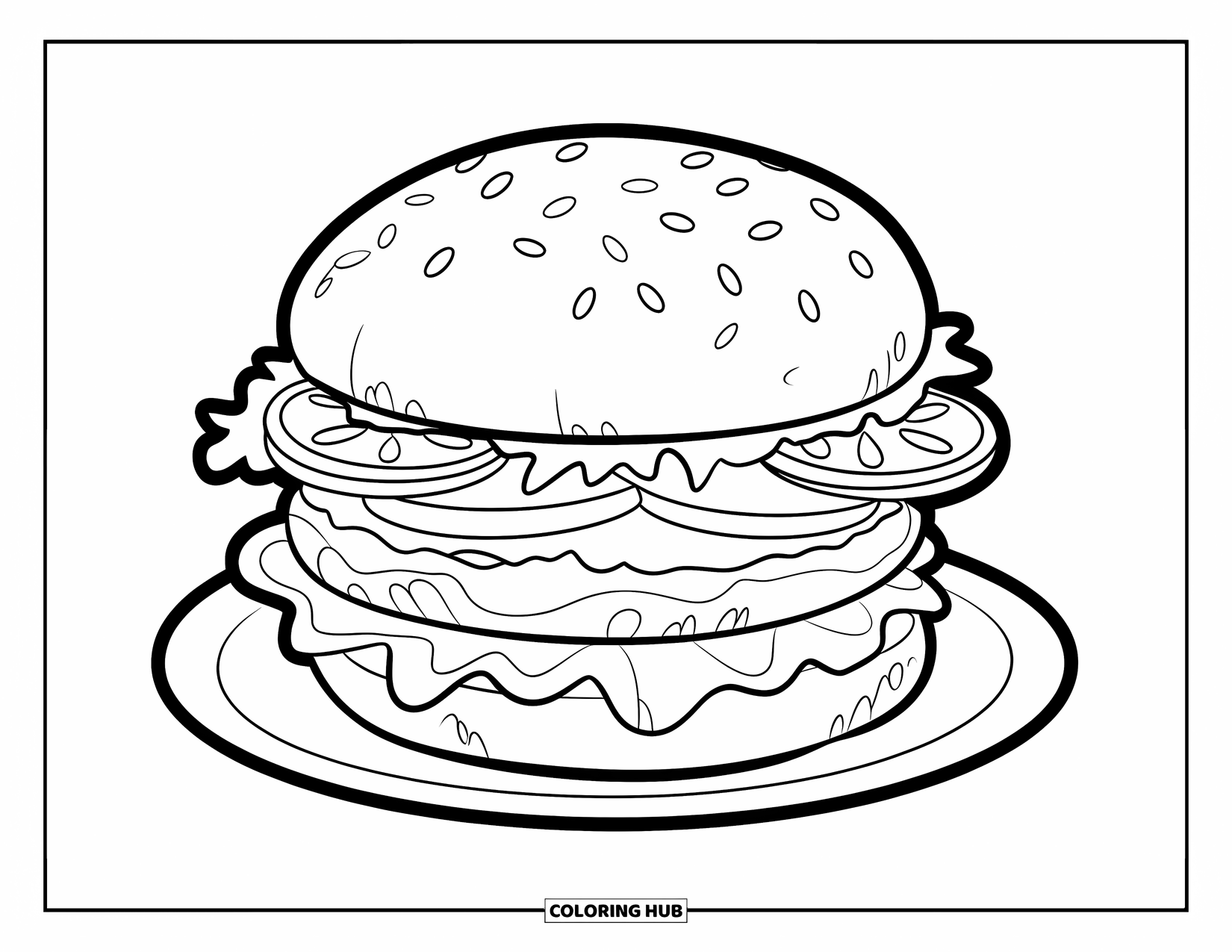 Burger Kleurplaat voor Kinderen: Een heerlijke dikke burger met verse sla, tomaten en druipende kaas