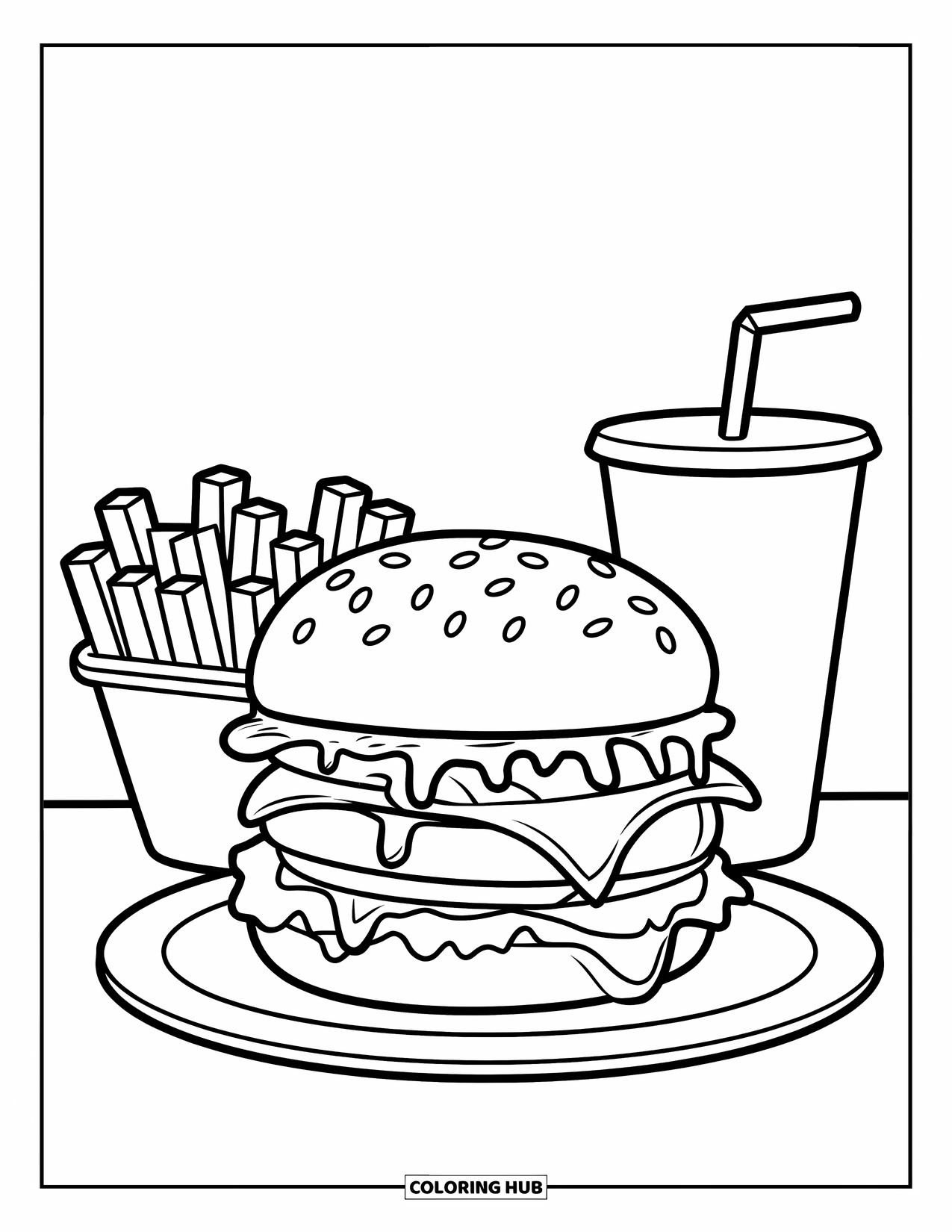 Burger Kleurplaat voor Kinderen: Een dubbele cheeseburger met een vrolijk gezicht, frietjes en een glas frisdrank