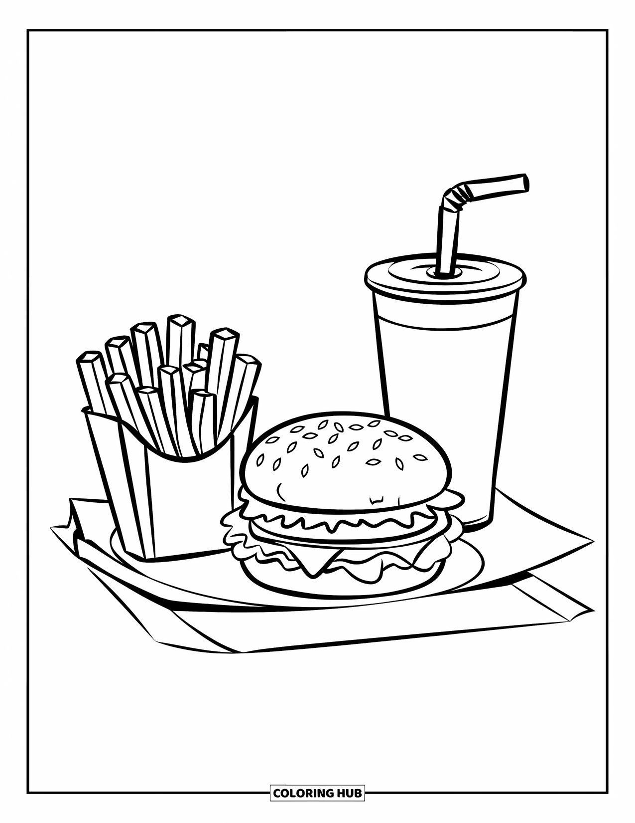 Burger Kleurplaat voor Kinderen: Een fastfooddienblad met een sappige burger, knapperige frietjes en een frisdrank