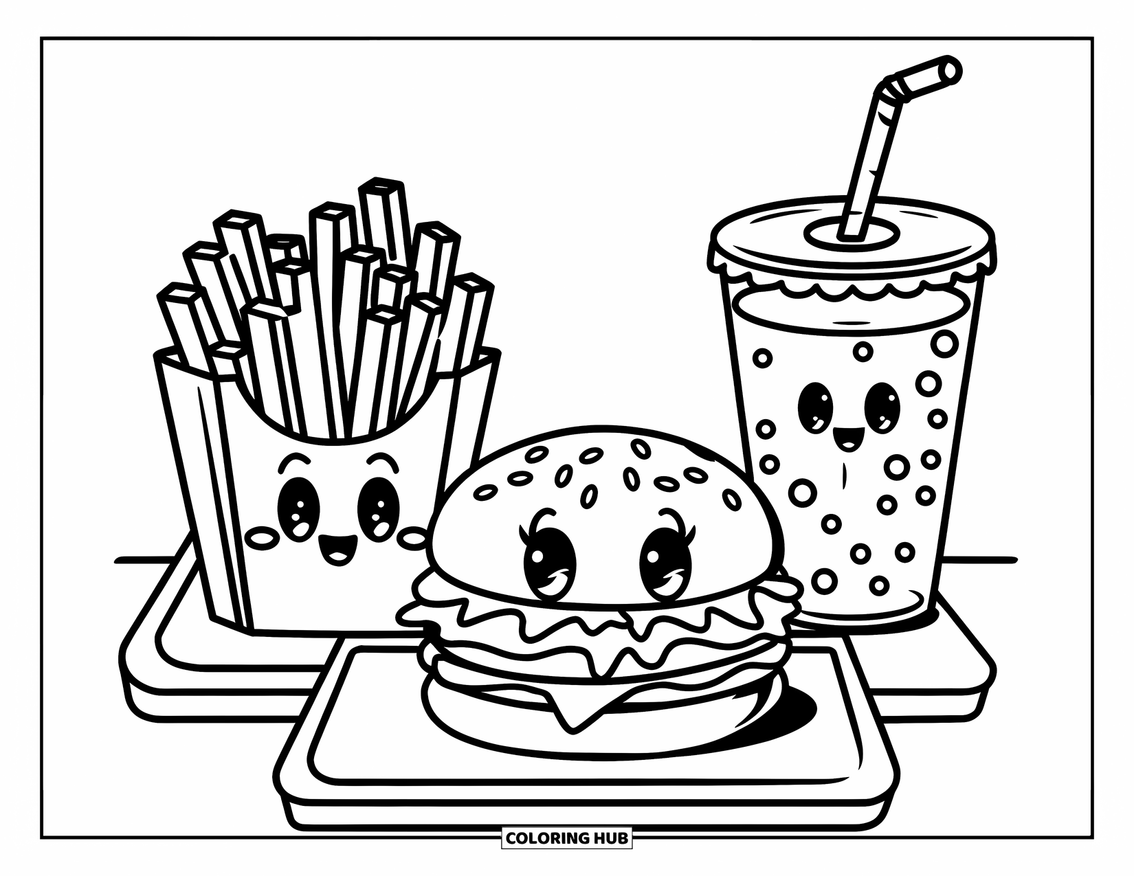 Burger Kleurplaat voor Kinderen: Een fastfooddienblad met een schattige burger, lachende frietjes en een bruisende frisdrank