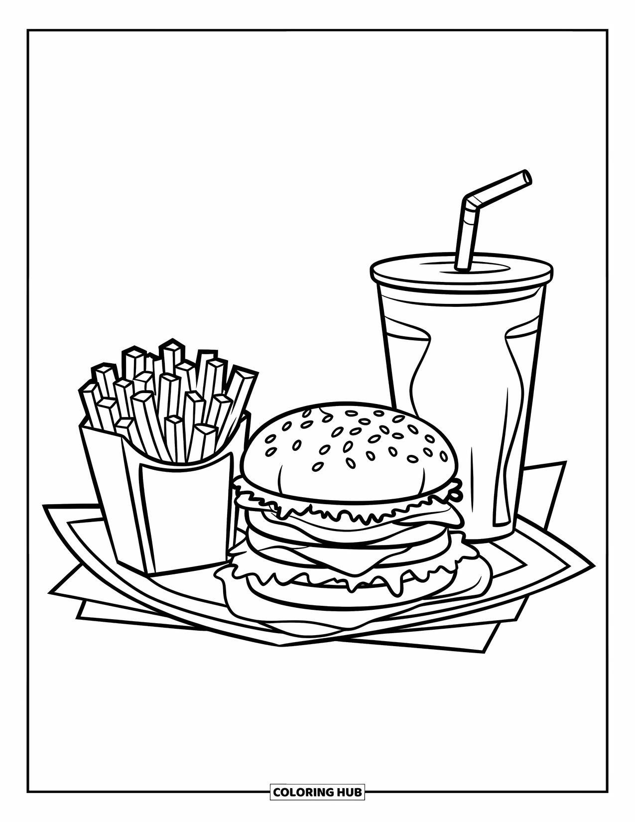 Burger Kleurplaat voor Kinderen: Een fastfooddienblad met een grote burger, gouden frietjes en een bruisend drankje