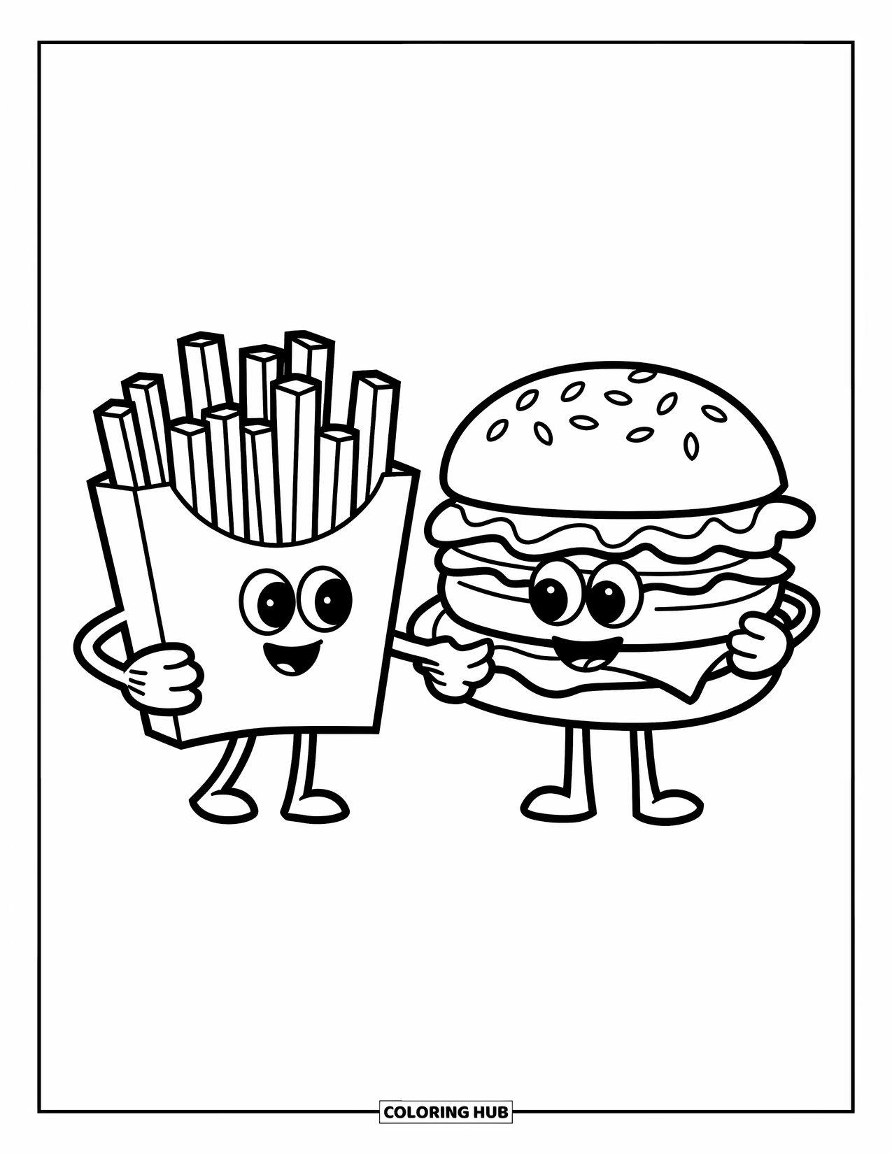 Burger Kleurplaat voor Kinderen: Een vriendelijke burger en een frietjesdoos die elkaar de hand schudden met een grote glimlach