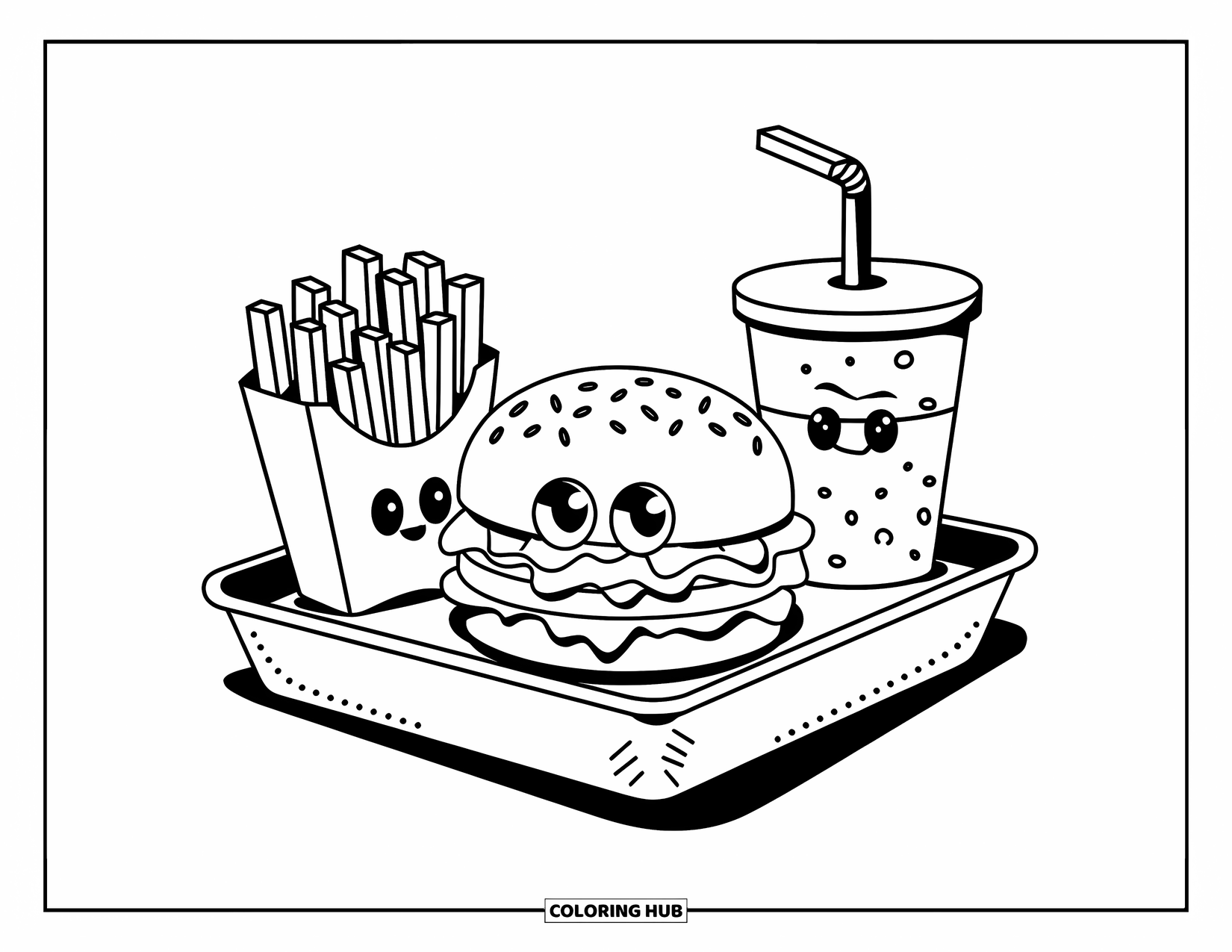 Burger Kleurplaat voor Kinderen: Een vrolijke burger, vrolijke frietjes en een lachend frisdrankglas op een dienblad