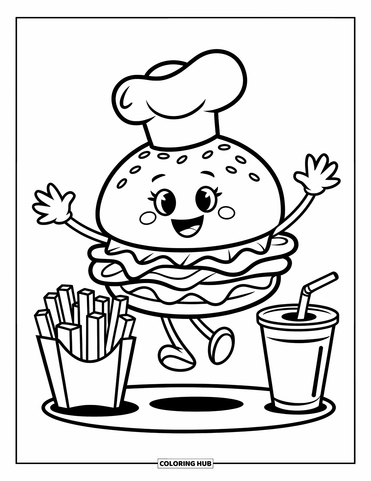 Burger Kleurplaat voor Kinderen: Een vrolijke burger met frietjes en frisdrank, klaar voor een leuke maaltijd