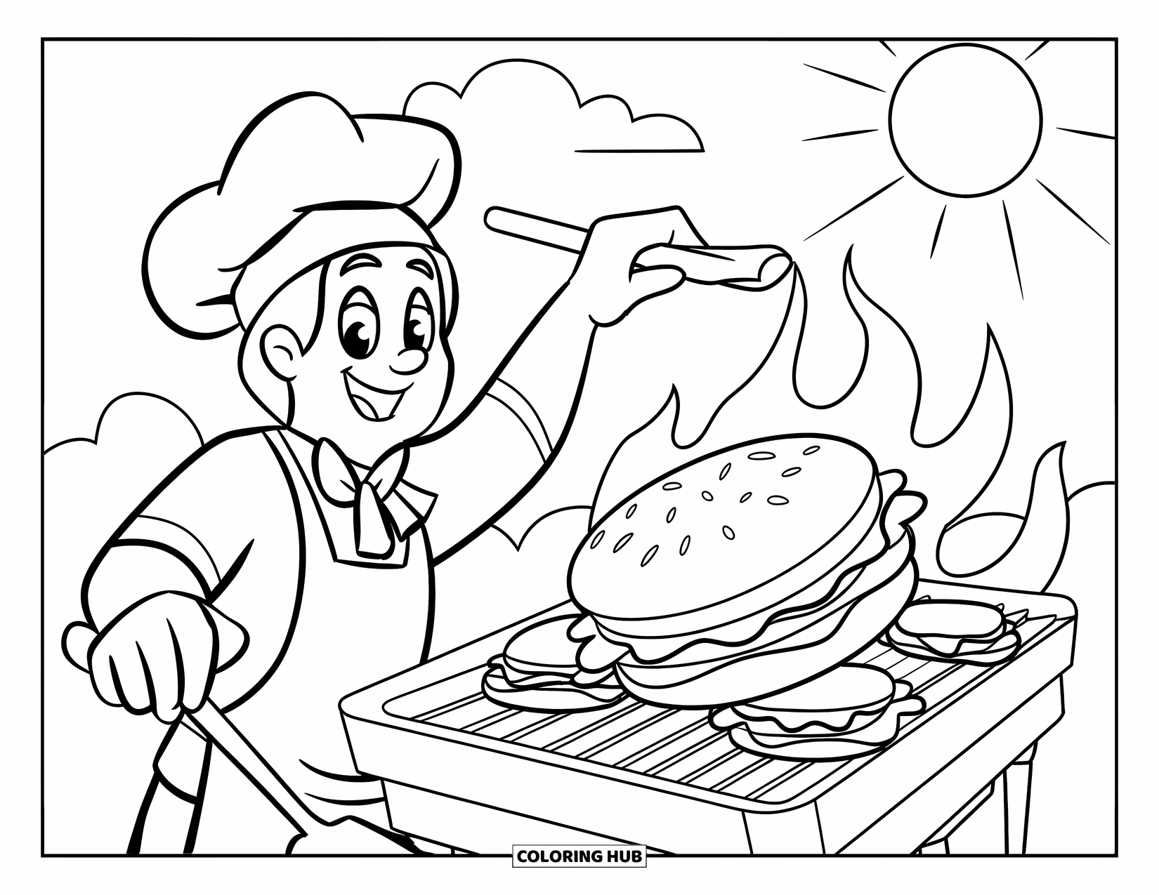 Burger Kleurplaat voor Kinderen: Een vrolijke burgerkok die lekkere burgers kookt op een zonnige dag